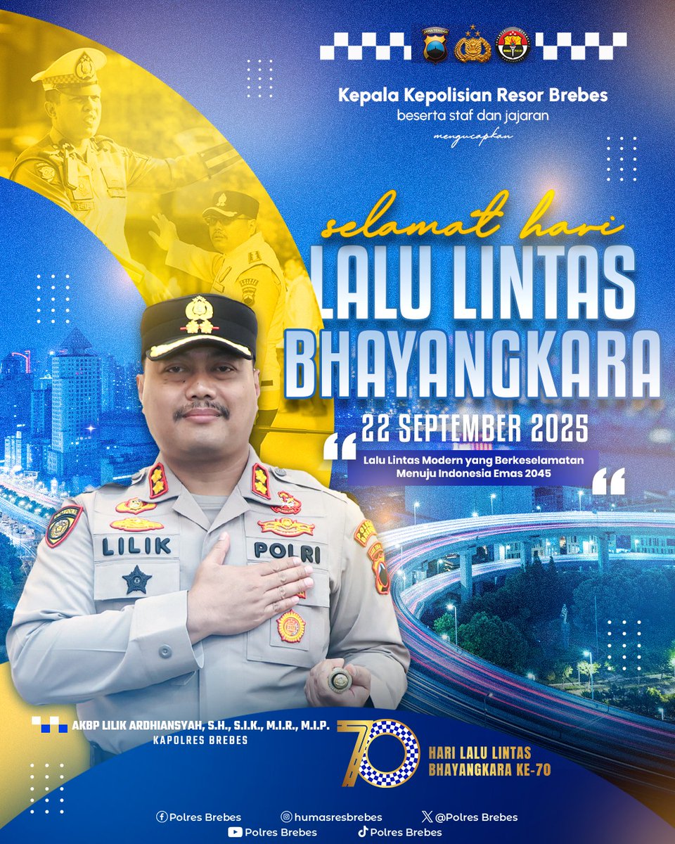 Kepala Kepolisian Resor Brebes beserta staf dan jajaran mengucapkan, Dirgahayu Hari Lalu Lintas Bhayangkara 22 September 2025 "Lalu Lintas Modern Yang Berkeselamatan Menuju Indonesia Emas"

AKBP Lilik Ardhiansyah, S.H., S.I.K., M.I.R., M.I.P.
Kapolres Brebes

#polresbrebes