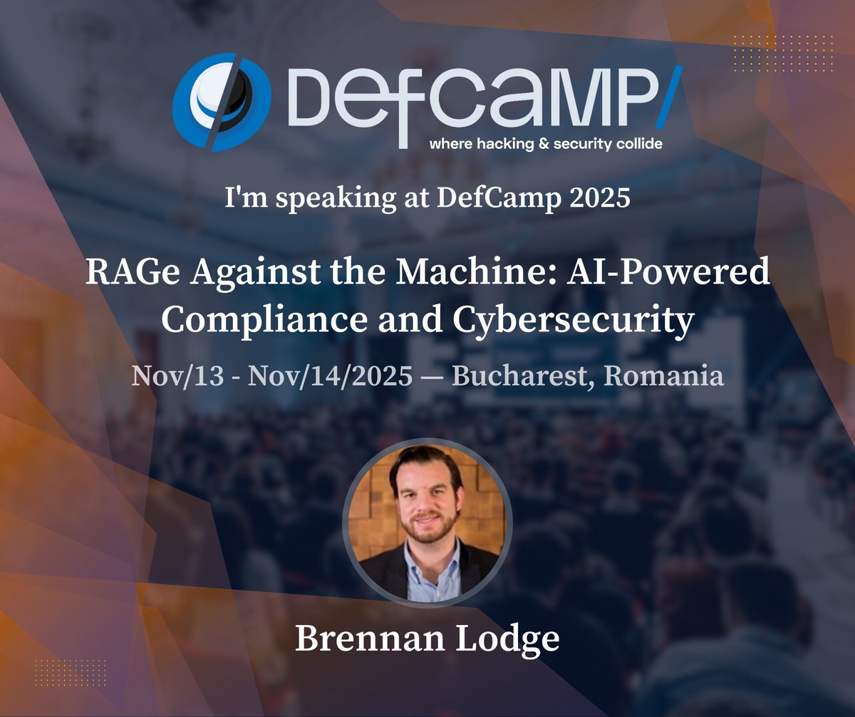 DefCampRO's tweet photo. RAGe Against the Machine is coming to #DefCamp2025? 😱 Well, sort of.

🎙️ @blodge8, data nerd &amp; #cybersecurity leader, will dive into how AI-powered Retrieval-Augmented Generation (RAG) reshapes compliance, regulation gap analysis &amp; cyber resilience. https://t.co/UGq5enD6Mk