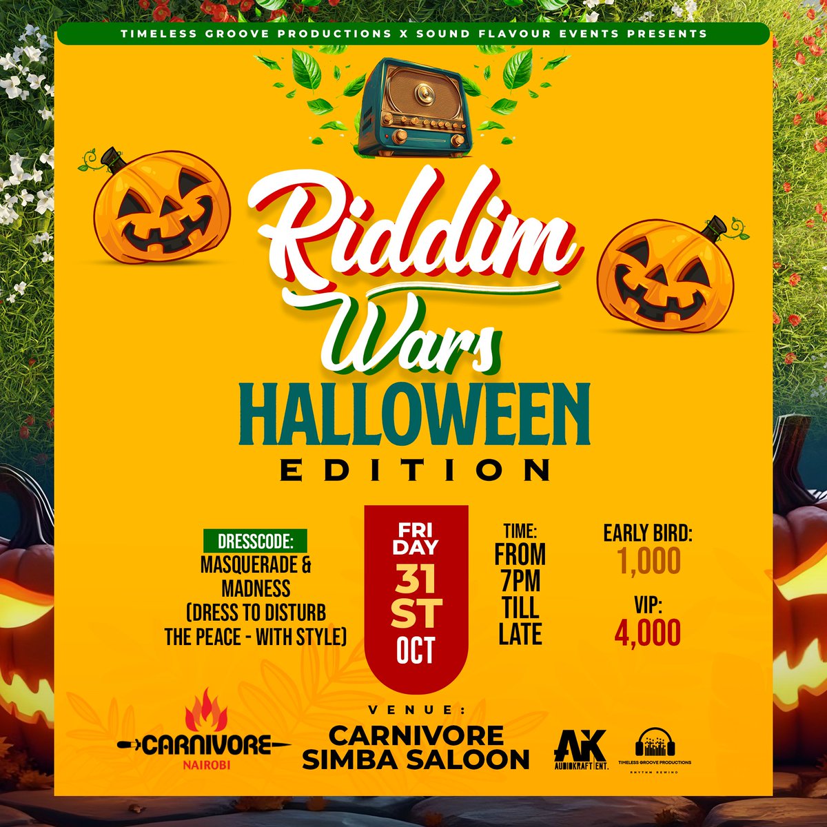 RIDDIM WARS  Halloween Edition is finally here on 31st October at Carnivore Simba Saloon from 7PM till late. 
Dresscode: Masquerade &amp; Madness
Tickets available now at ticketyetu.com
Nairobi, get your masks ready, it’s time to disturb the peace. 🚨🔥

#CarnivoreNairobi
