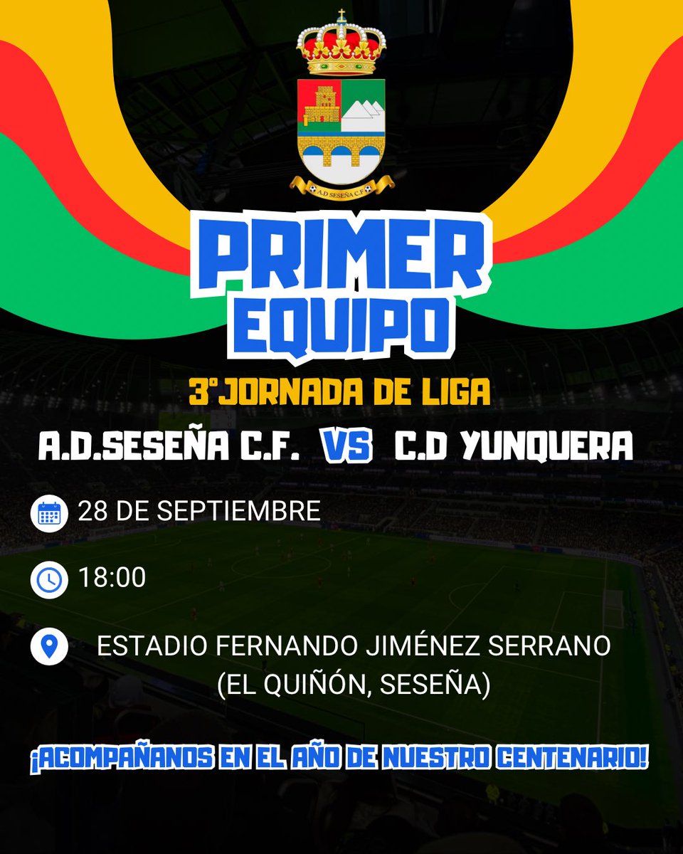 🔥 Domingo de partidazo en casa 🔥

El AD Seseña CF quiere seguir la racha en el #CienAños 💯 y sumar otros 3 puntos frente al CD Yunquera.

📍 Fernando Jiménez Serrano
🗓️ 28/09 ⏰ 18:00h

¡Afición, os esperamos! 🔴🟡
#ADSeseñaCF #RojoYAmarillo #ComienzaLaLiga