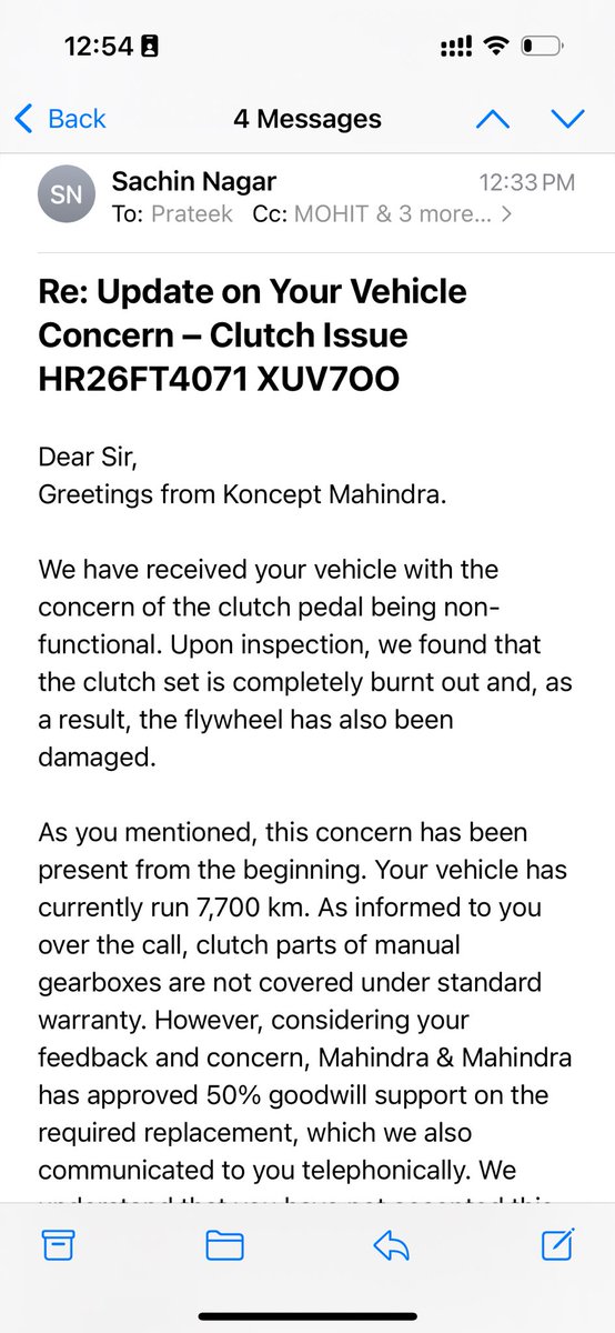 ChyPrateek's tweet photo. @anandmahindra Sir, request your intervention and support. Mahindra is penalising me by asking me to pay 50% of the repair cost which shouldn’t have been there since it’s a new car I had purchased. Please help. https://t.co/3uCRCVtyJL