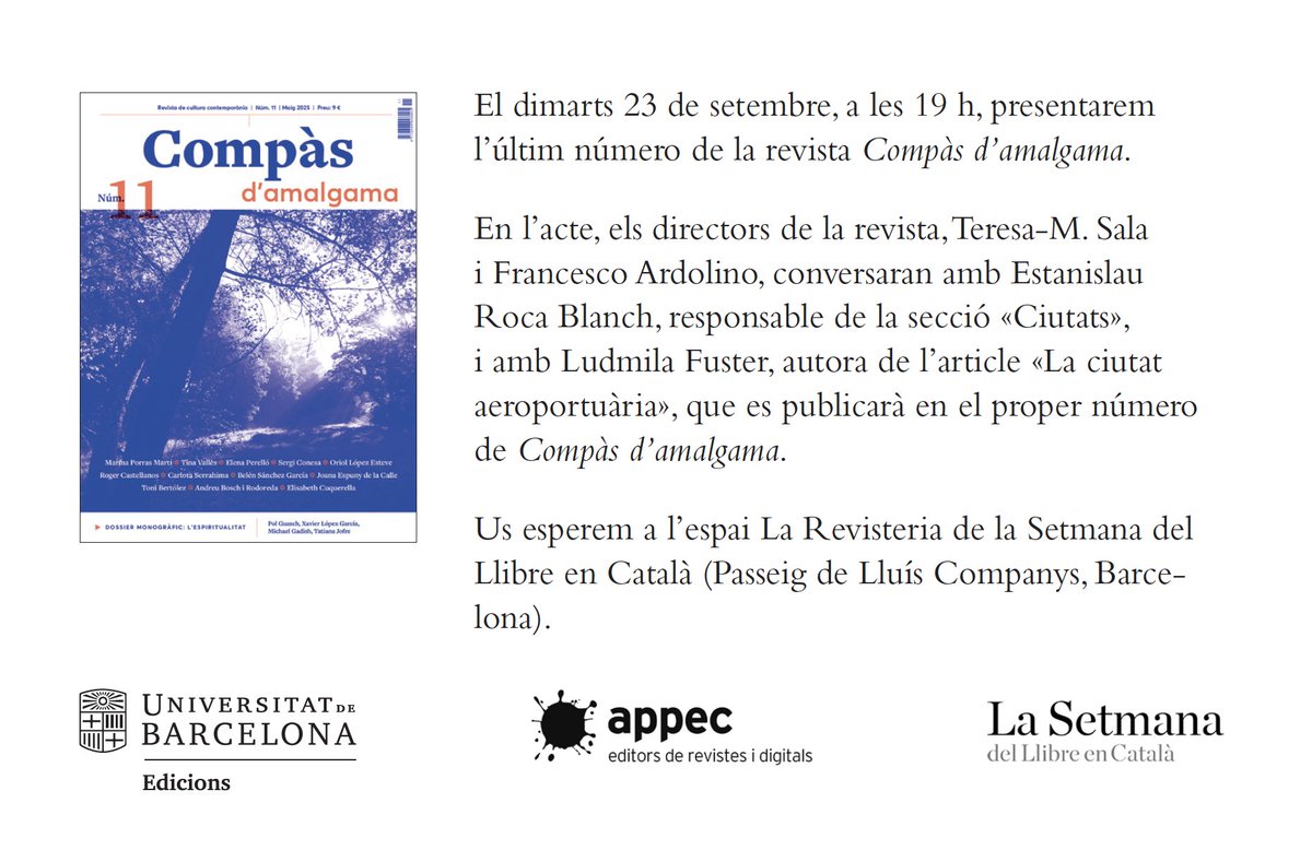 Compàs d'amalgama (@compasdamalgama) on Twitter photo 😀 Us esperem demà a <a href="/LaSetmana/">La Setmana</a>! Presentarem l'últim número i conversarem sobre la secció «Ciutats» amb Estanislau Roca Blanch i amb Ludmila Fuster.
📆 Dimarts 23 de setembre a les 19h a l'espai La Revisteria. 😀 Us esperem demà a <a href="/LaSetmana/">La Setmana</a>! Presentarem l'últim número i conversarem sobre la secció «Ciutats» amb Estanislau Roca Blanch i amb Ludmila Fuster.
📆 Dimarts 23 de setembre a les 19h a l'espai La Revisteria.