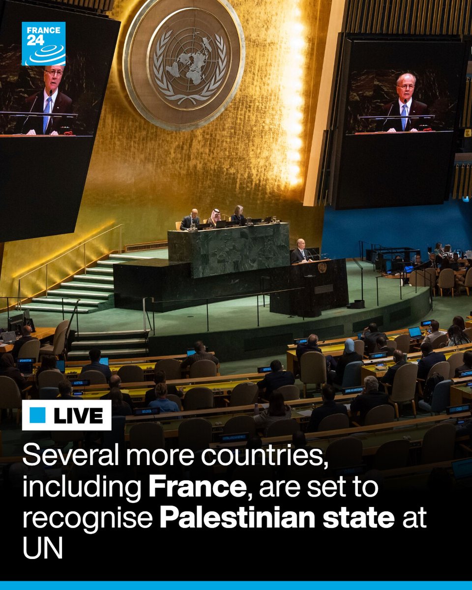 France24_en's tweet photo. 🔴Several more countries, including 🇫🇷 #France, are expected to formally recognise a #Palestinian state - a move that could draw harsh reactions from 🇮🇱 #Israel and the 🇺🇸 #US. 

Follow FRANCE 24's liveblog for more 👉 https://t.co/Uk8Dsc3MM0 https://t.co/qzvr6BpBuS