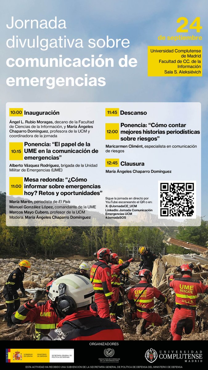 📢A las 10h arranca la <a href="/JornadaCE_UCM/">Jornada Comunicación Emergencias UCM</a>, sobre comunicación de emergencias
🌟Participarán mandos de la <a href="/UMEgob/">UME</a> y los expertos <a href="/mc_climent/">Maricarmen Climént</a>, <a href="/MariaMartinD/">María Martín</a> y <a href="/mayomarcos/">Marcos Mayo-Cubero</a> 
👉Síguela en <a href="/UCMccinf/">Facultad Ciencias Información</a> o por streaming: youtube.com/live/TvyiDC0XQ… #JornadaSOS