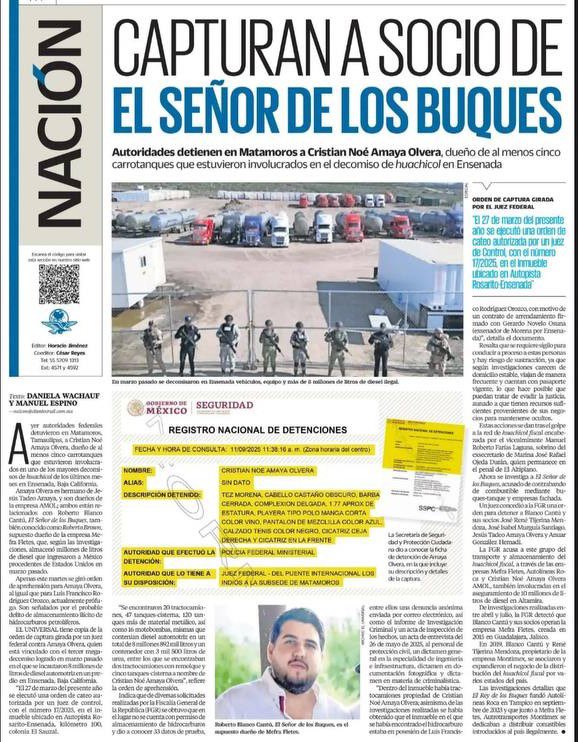 mipuntodevistaa's tweet photo. Cartel del Huachicol.

Cristian Noé Amaya Olvera, empresario tamaulipeco y propietario de la empresa de transporte AMOL (Cristian Noé Amaya Olvera AMOL), fue detenido el 11 de septiembre de 2025 en Matamoros, Tamaulipas, por elementos federales como parte de una investigación sobre el huachicol fiscal. 

La Fiscalía General de la República (FGR) lo acusa de posesión y almacenamiento ilícito de hidrocarburos petrolíferos, delito que contempla penas de hasta 17 años de prisión.

Está ligado a Roberto Blanco Cantú, alias “El Señor de los Buques”, operador principal de la red que importa combustible de forma simulada desde EE.UU. vía puertos como Altamira y Tampico. 

Amaya Olvera es señalado directamente en el megadecomiso del 27 de marzo de 2025 en un predio de la autopista Rosarito-Ensenada (kilómetro 100, colonia El Sauzal, Baja California), donde se aseguraron:

•  8.8 millones de litros de diésel automotriz (valor estimado en cientos de millones de pesos).
•  20 tractocamiones, 47 tanques-cisterna, 120 contenedores metálicos y 16 motobombas.
•  3,500 litros de urea (aditivo para diésel).

Entre los vehículos confiscados, al menos dos tractocamiones y cinco cisternas estaban registrados a nombre de AMOL.

Además, se vincula a Amaya Olvera con el decomiso de 10 millones de litros de diésel en Altamira, Tamaulipas, en marzo de 2025.
Escuchas telefónicas revelan que la red ofrecía sobornos de 25-30 millones de pesos para evadir detenciones, lo que evidencia su poder adquisitivo y estructura organizada.

Esta detención se suma a la ofensiva contra el huachicol fiscal, que ha implicado a la Secretaría de Marina (Semar). Diversos medios dieron a conocer que en septiembre de 2025, se arrestó al vicealmirante Manuel Roberto Farías Laguna (sobrino del exsecretario Rafael Ojeda) y su hermano Fernando, por una red similar que usaba aduanas controladas por la Marina para importar combustible ilegal.