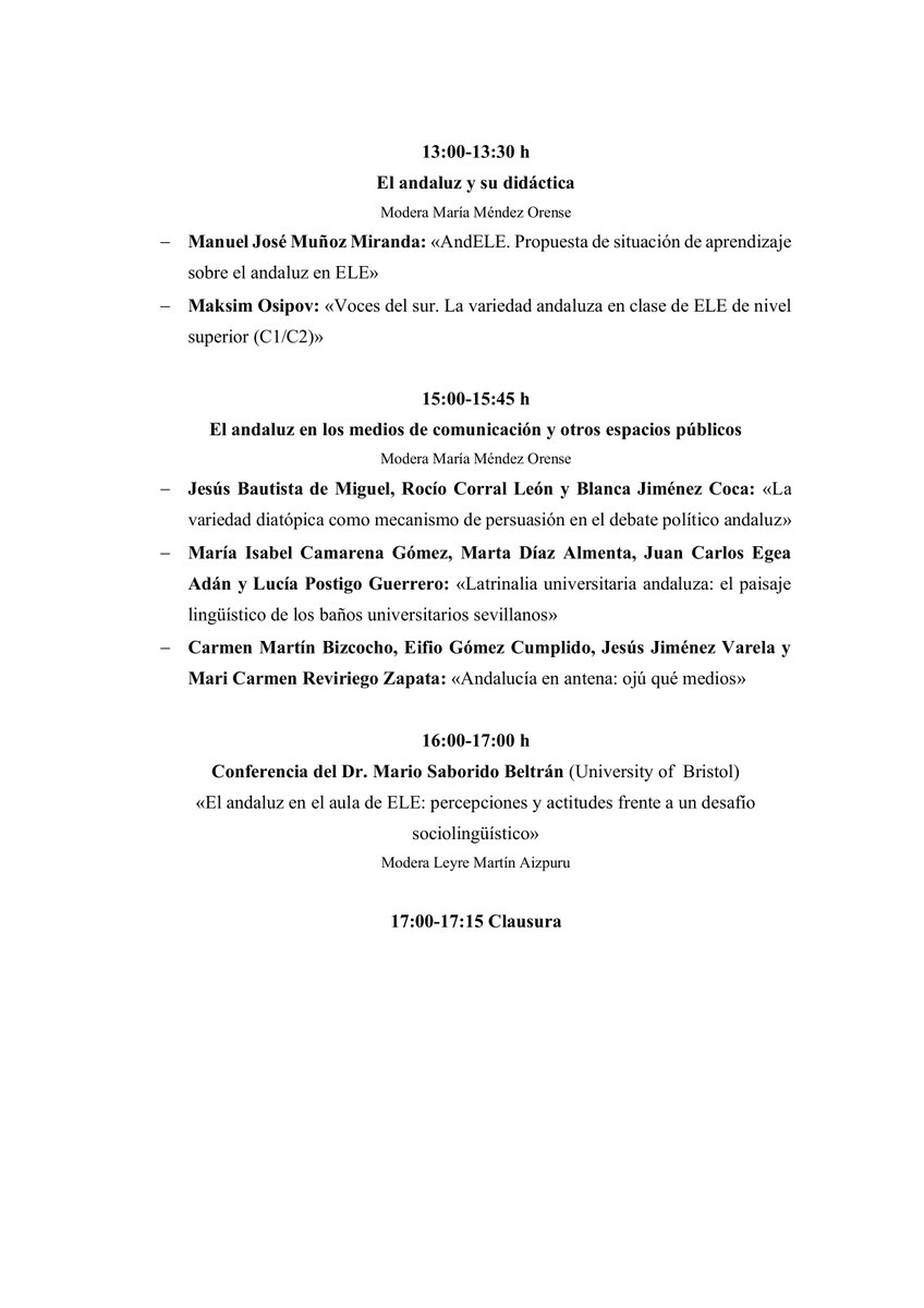 Historia15 (@historia152) on Twitter photo Hoy, en el Aula de Grados de la <a href="/FFilologiaUS/">Facultad_FilologíaUS</a>, nuestra compañera Leyre Martín organiza, junto con las profesoras Marta León y María Méndez, los "Diálogos sobre el andaluz". Dejamos aquí el programa, que incluye conferenciantes invitados y comunicaciones de alumnos. Hoy, en el Aula de Grados de la <a href="/FFilologiaUS/">Facultad_FilologíaUS</a>, nuestra compañera Leyre Martín organiza, junto con las profesoras Marta León y María Méndez, los "Diálogos sobre el andaluz". Dejamos aquí el programa, que incluye conferenciantes invitados y comunicaciones de alumnos.