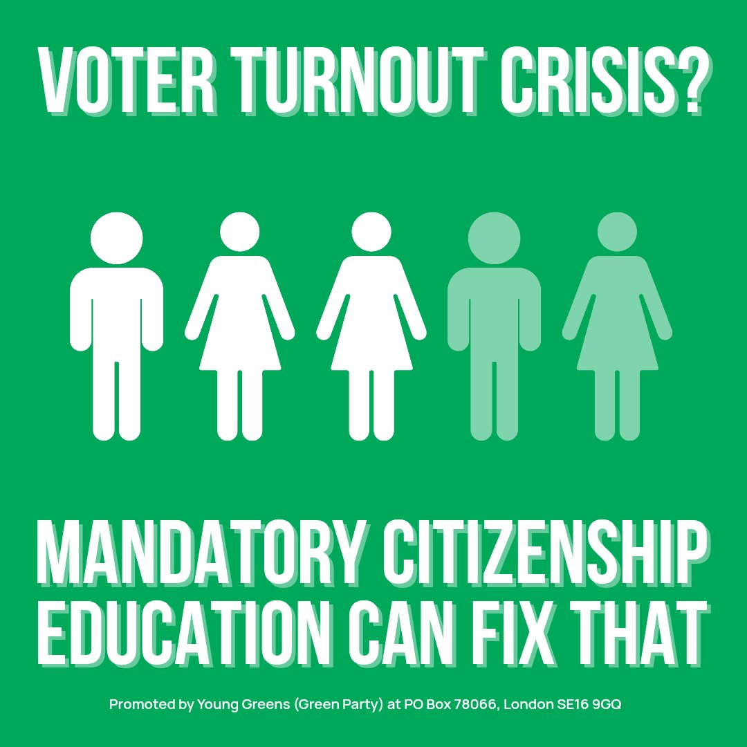 Under18Greens's tweet photo. Only 60% of eligible voters participated in the 2024 general election. Mandatory citizenship education can fix that. 🎓

We're likely to see more young people forming a voting habit if we create momentum between citizenship education and getting into the polling booth. 🗳️ https://t.co/2K9pEfLoKW