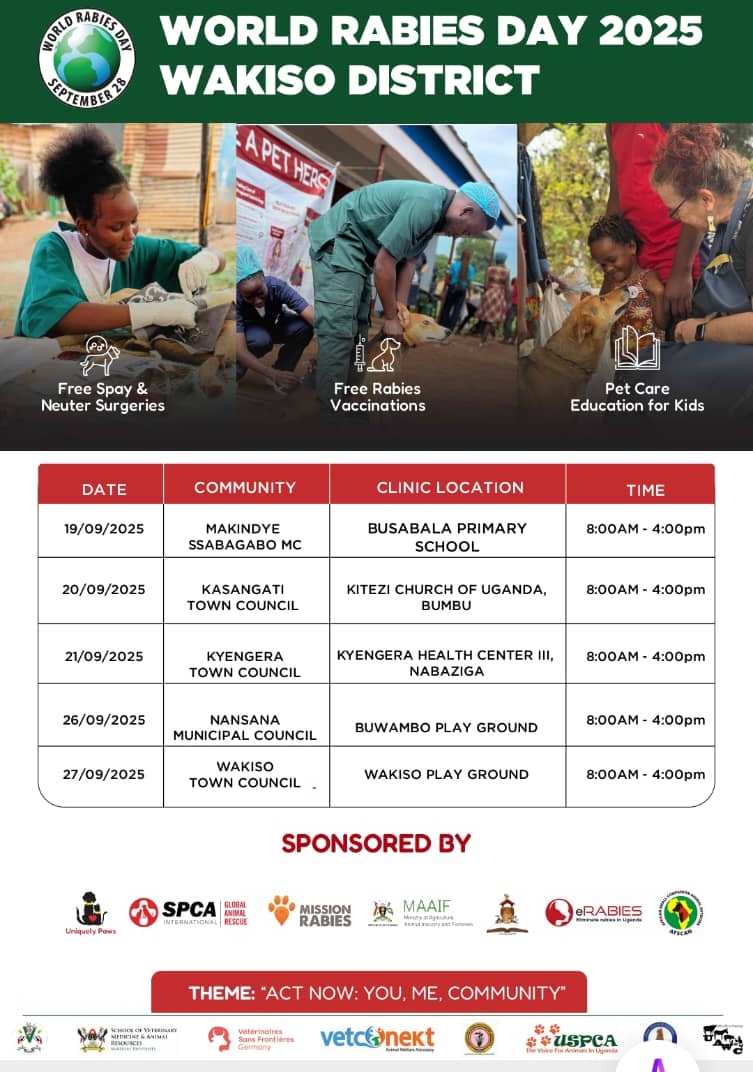 MAAIF_Uganda's tweet photo. 📢 Act Now: You, Me, Community.

The Ministry of Agriculture, Animal Industry and Fisheries is rolling out #WorldRabiesDay activities for 2025 alongside partners
📍Wakiso District, 
🗓 September 19-27, 2025
with free spaying, neutering, rabies vaccination, and pet care education. https://t.co/8LivV50iZS