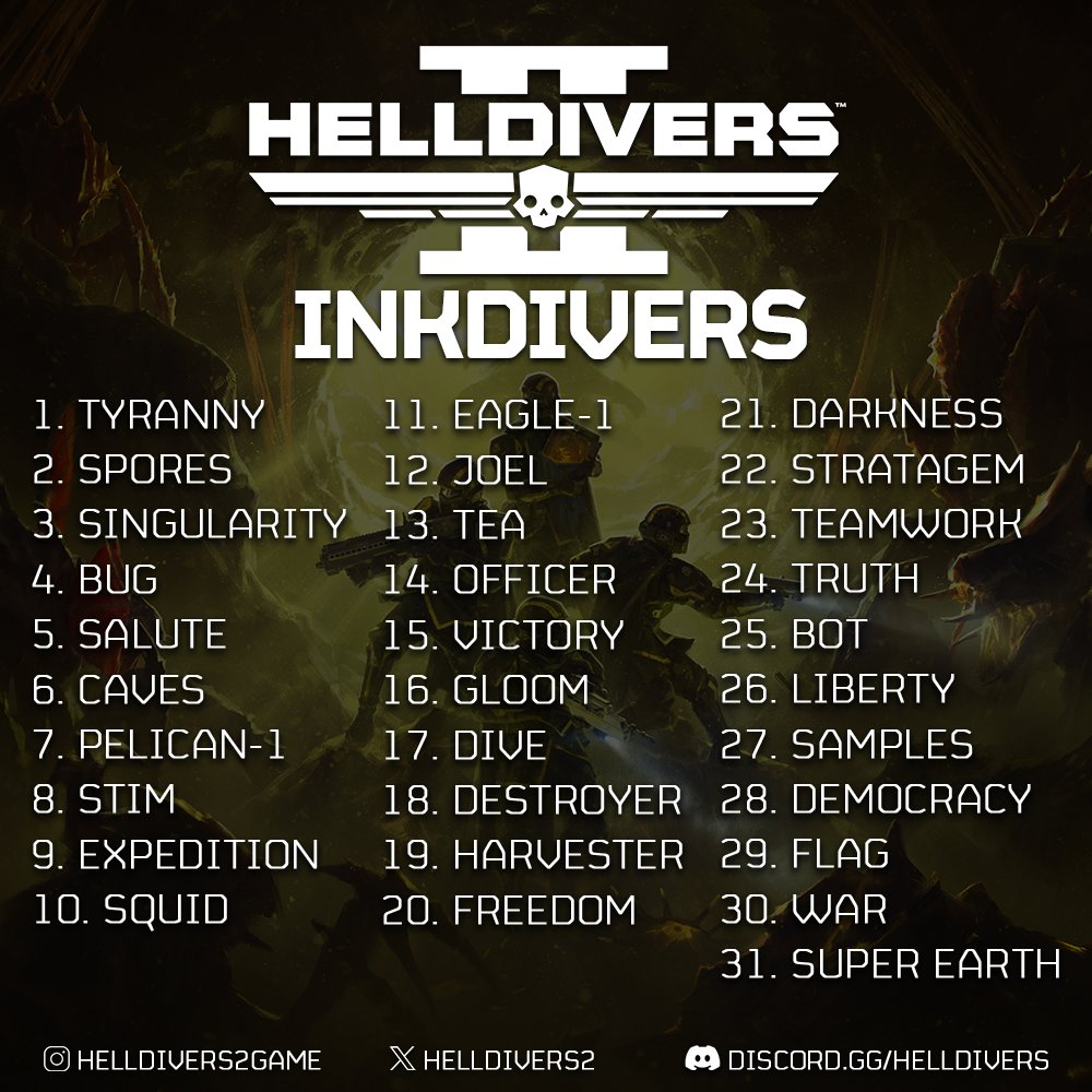 We love our Helldivers fan artists, so this year we're doing a month-long drawing challenge: Inkdivers!

Spread the word to other fan artists, reshare the image. Can't wait to see the drawings!

The challenge starts October 1st! 🎃🍂