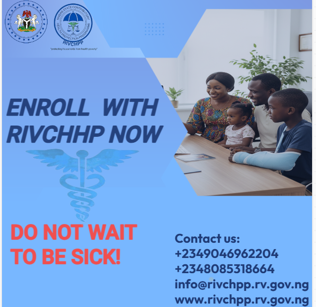 Your health is your wealth! 
With just ₦15,000 yearly, get affordable, quality healthcare for you &amp; your loved ones through RIVCHPP. 
✅ Access care anytime
✅ Protect against medical bills
✅ Register with your NIN
📞 +2349046962204 | +2348085318664
#RIVCHPP #Health4AllRivers