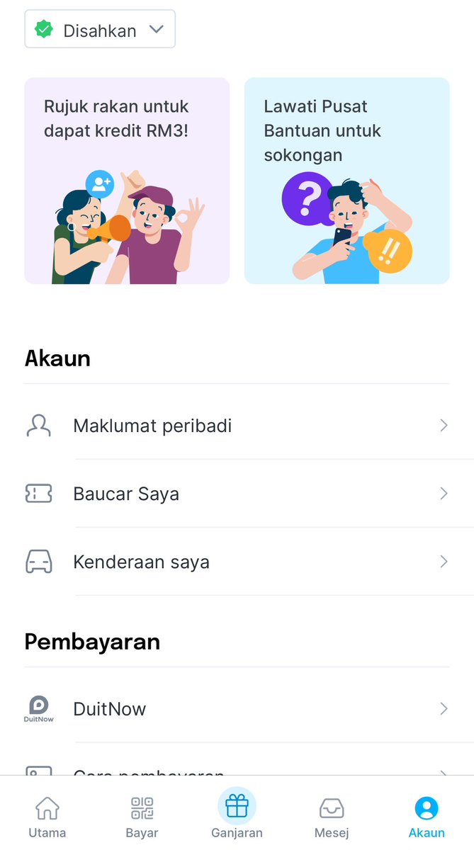 setel's tweet photo. Hello! Pengesahan akaun Setel hanya perlu dibuat sekali sahaja~ 

Untuk semak: 

Buka aplikasi Setel - Akaun - Jika tertera perkataan Disahkan seperti dalam gambar, bermakna akaun anda sudah disahkan 👏 https://t.co/YZlVk9Cbec