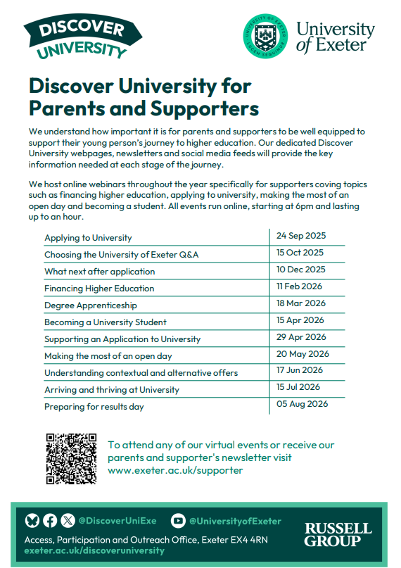 Only 2 more days until our first webinar of the new academic year for parents &amp; supporters. This session will focus on applying to University. If you can't make it on Wednesday,  take a look at our full schedule for other dates to join. Sign up via: exeter.ac.uk/supporter