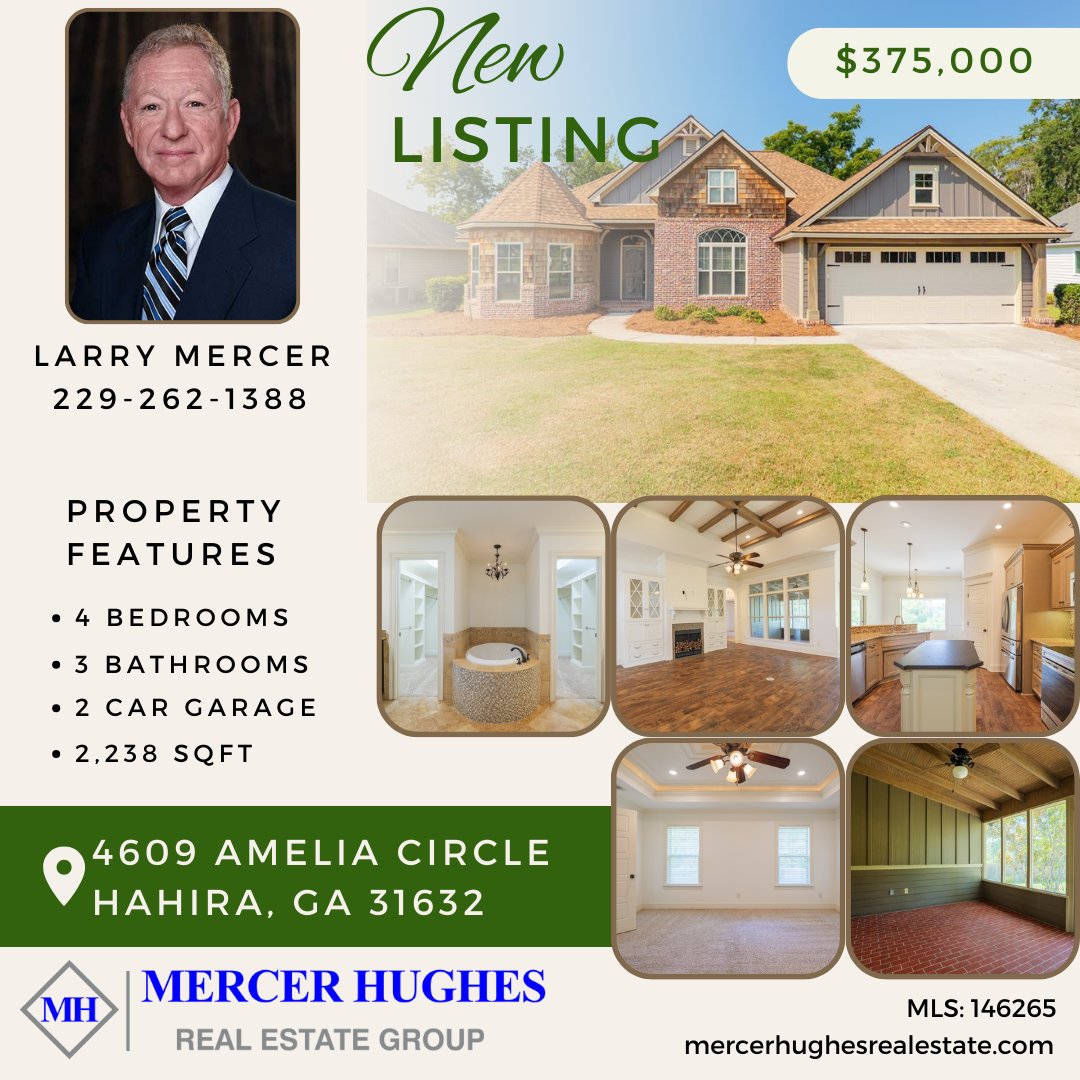 MHGRealEstate's tweet photo. 💥ＮＥＷ ＬＩＳＴＩＮＧ💥
Gorgeous Dixon Taylor-built home in Grove Pointe. Fresh paint inside and out! 🏠
Call Larry today to see this amazing home!
☎️Office 229-262-1388
#MercerHughesRealEstateGroup #MHREG #RealtorsValdosta
#KnowledgeExperienceService #LarryMercer https://t.co/9rSYcmzzPY