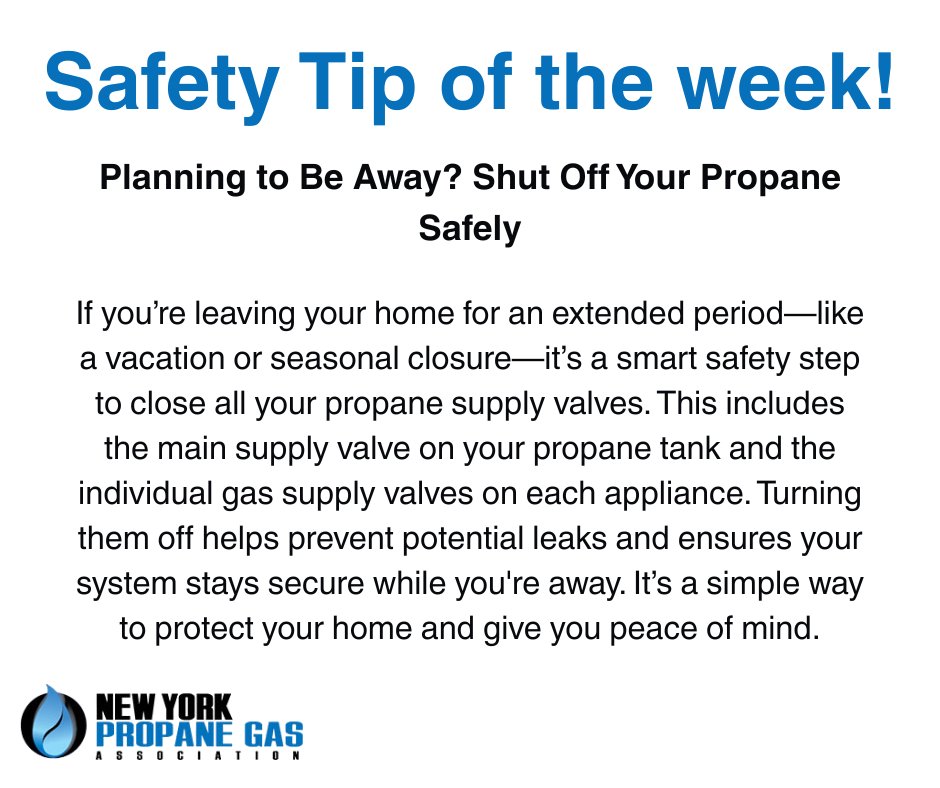NYPropaneGas's tweet image. Heading out for a while? Remember to close all propane supply valves for safety and peace of mind. 🔒🔥 #PropaneSafety #SafeAndSecure #NYPGA
