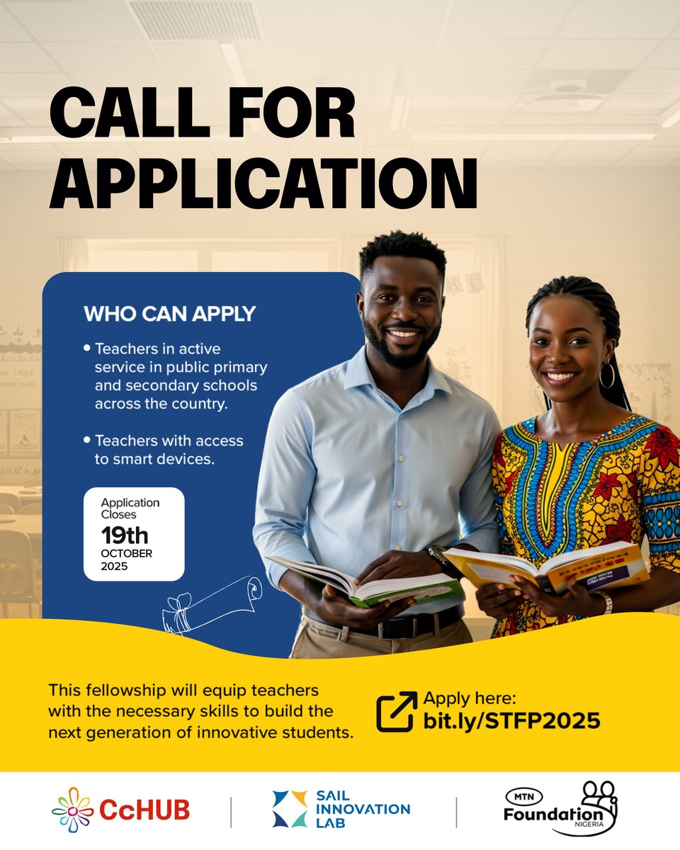 sailnigeria's tweet image. Applications are officially OPEN for the MTN-SAIL Teachers’ Fellowship!

This is your chance to level up your teaching journey with:
1. Innovative teaching methodologies (like Inquiry-Based Learning)
2. Cutting-edge classroom management &amp;amp; tech integration