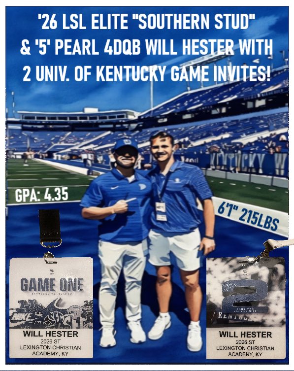 COLLEGE COACHES: GOT GAME INVITES - '26 LSL ELITE '5' PEARL VIRTUAL STUDENT <a href="/willhester42/">Will Hester (LS)</a> HAS LOTS...INCLUDING TO KENTUCKY'S 1ST 2 HOME GAMES. FROM THE SEC 2 THE IVIES, WILL'S CARD IS FILLING UP FAST. WHAT ELSE IS FAST, HIS SNAPS! I WOULD SUGGEST YOU FOLLOW HIM &amp; SEE FOR YOURSELF