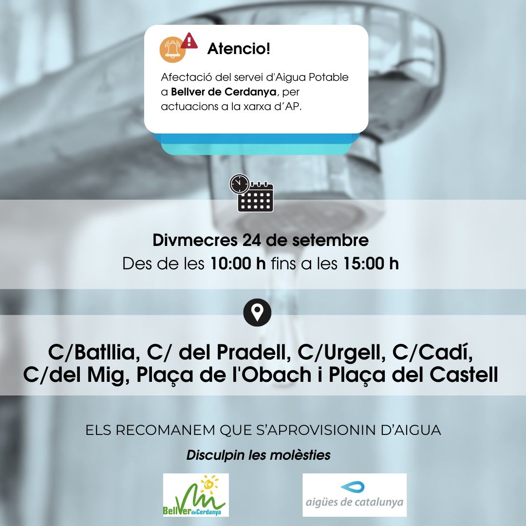 📢 ATENCIÓ: <a href="/BellverCerdanya/">Bellver de Cerdanya</a> afectació del servei d'AP per actuacions a la xarxa

🗓️Dimecres 24/09
⏰Des de les 10 h fins a les 15 h

🙏Disculpin les molèsties