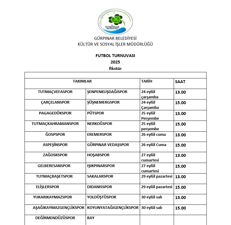 Barış, kardeşlik ve sporun birleştirici gücünü sahaya taşıyan turnuvamızda heyecan başlıyor! 

📌 Mahalle takımlarımızın katılımıyla gerçekleşecek karşılaşmaların tarih ve saat bilgilerini içeren fikstür yayınlandı. Tüm takımlara başarılar dileriz.