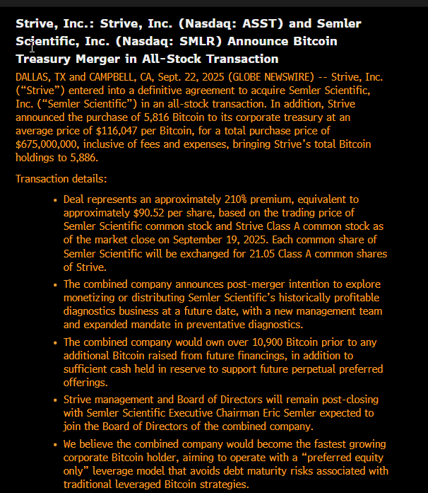 🚨Vivek Ramaswamy's $ASST to acquire Bitcoin Treasury Company $SMLR in All-Stock Transaction, Implies $90.52/share, 210% Premium to Last Close