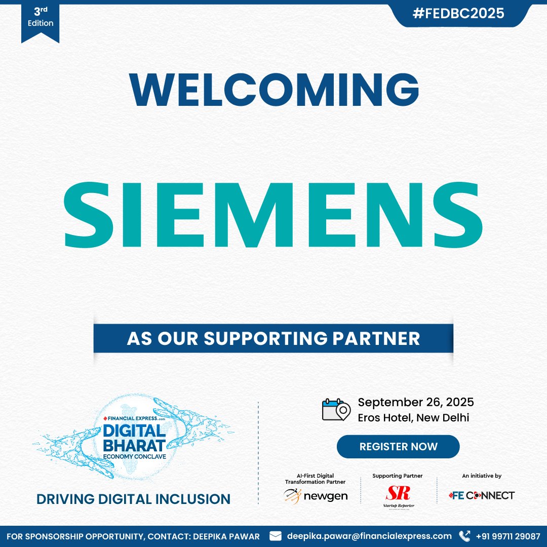 FEBrandWagon's tweet image. We welcome @Siemens as our Supporting Partner for the 3rd Edition of the FE Digital Bharat Economy Conclave 2025.

September 26, 2025 | Eros Hotel, New Delhi
Register Now: shorturl.at/7sPiv

#FEDigitalBharat2025 #FEB2B #DrivingDigitalInclusion #LeadershipInTech #FEConnect