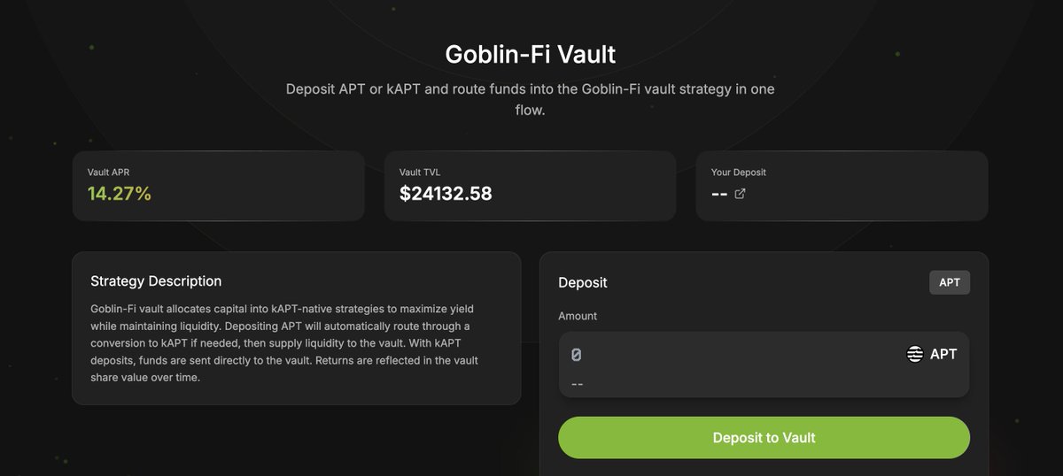 Tired of choosing between staking rewards and DeFi yields? Here's the smart move:

1️⃣ Stake $APT on <a href="/kofi_finance/">Kofi</a> for enhanced liquid staking rewards.
2️⃣ Deposit in Goblin Vaults to amplify yields with auto-compounding strategies.

Double your exposure, maximize your returns.