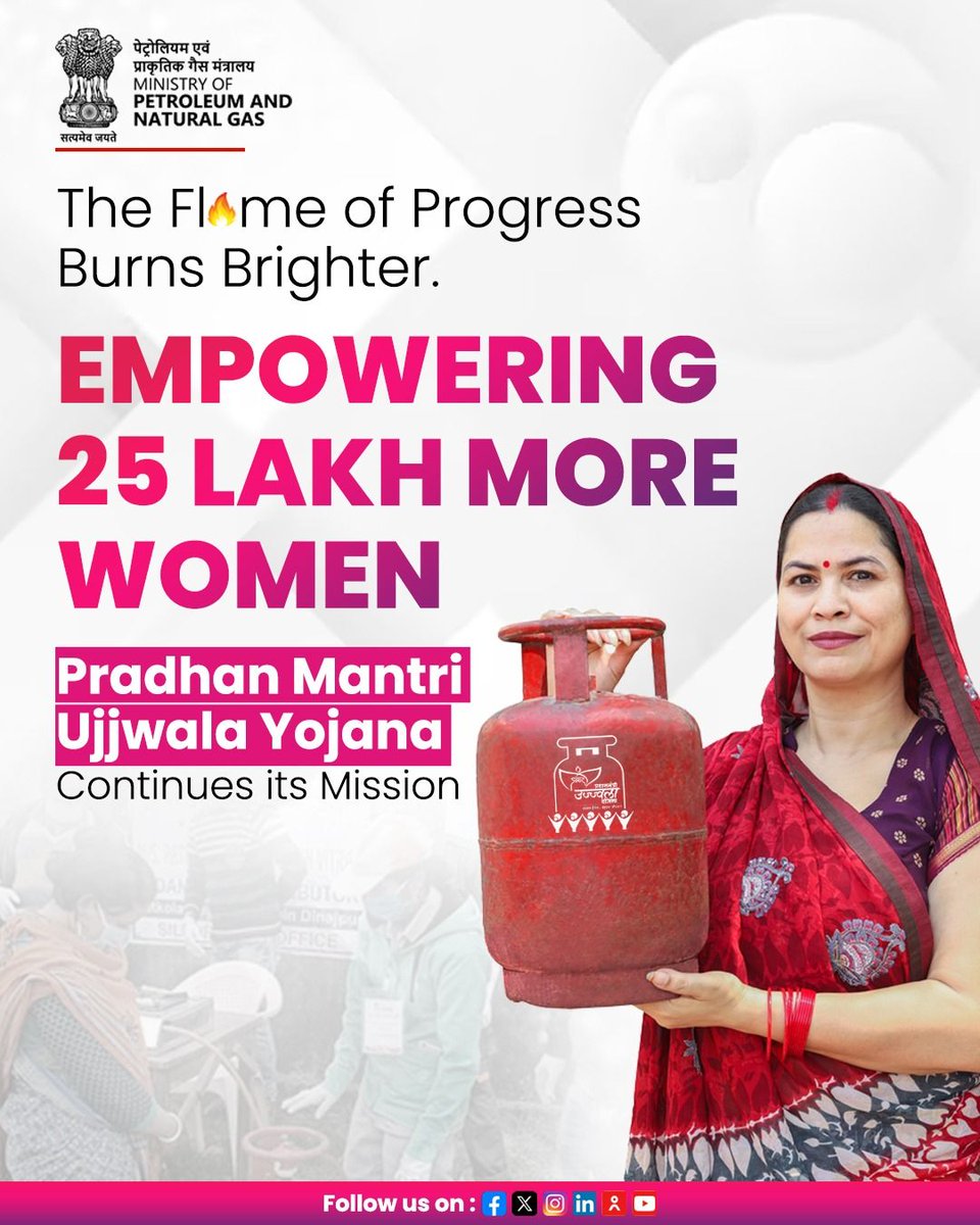 PetroleumMin's tweet photo. Empowering 25 lakhs more families: PM Ujjwala Yojana Expands its Reach!

Continuing its mission to provide clean cooking fuel across the nation, the PM Ujjwala Yojana is welcoming 25 lakh new beneficiaries. With an expenditure of ₹676 crore, this expansion grows the Ujjwala family to a remarkable 10.58+ crore households.

Ujjawala has become a game-changer for women's empowerment. It directly tackles the health hazards of traditional cooking, liberating women from smoke-filled kitchens and saving them valuable time. We are committed to building a healthier, smoke-free India.

#PMUjjwala #UjjwalaYojana #WomenEmpowerment