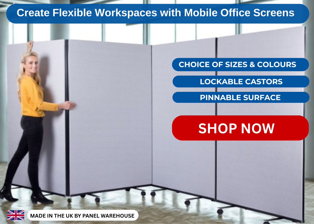 Panelwarehouse's tweet image. Need flexible workspace solutions? Our Mobile Office Screens are perfect for offices, schools &amp;amp; more!
 Free UK Mainland Delivery
 Wide range of colours &amp;amp; fabrics
Made in the UK
Explore now 👉 panelwarehouse.com/office-screens…
#OfficeScreens #WorkspaceSolutions #Panelwarehouse #MadeInUK