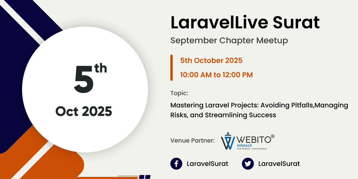 LaravelSurat's tweet image. Hey Artisans!🙌

The #LaravelLiveSurat Sept-25 Chapter is here! 🎉
Get ready to connect, share and grow with fellow artisans. 🚀

📅 Date: 5th Oct 2025
📍 Venue: @WebitoAI 
🎟️Grab your tickets : bit.ly/LSC-Sept-25

@LaraconIN @laravelphp
#LaravelLiveSurat #LaraconIN #Laravel
