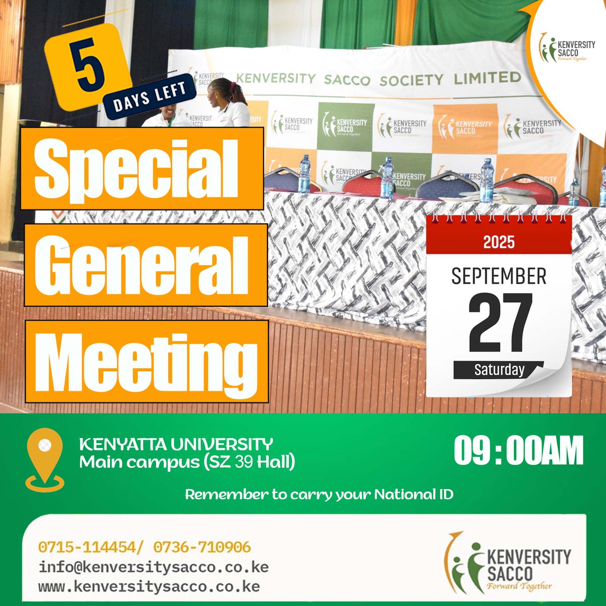 kenversity's tweet image. The Count Down officially begins! Just 5 Days to our Special General Meeting! Put a Pin on this Date!  #SGM #financialfreedom #kenversitysacco #MbelePamoja