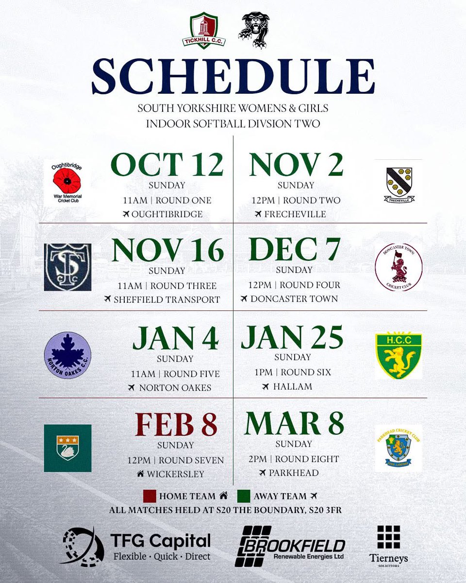 🏏 FIXTURE ANNOUCEMENT 🏏

In the South Yorkshire Women &amp; Girls' Cricket League, our Tigers will be in action in Division One Softball &amp; Hardball whilst the Panthers the same in Division Two. 

All matches will be held at S20 The Boundary.
