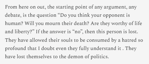 politicalmath's tweet photo. The death of Charlie Kirk has changed a lot of things. For me, it has changed the ground rules for civil debate.

You have to believe your opponents are real human beings or you're not welcome any more.

link in replies https://t.co/6G5IZvSnTp