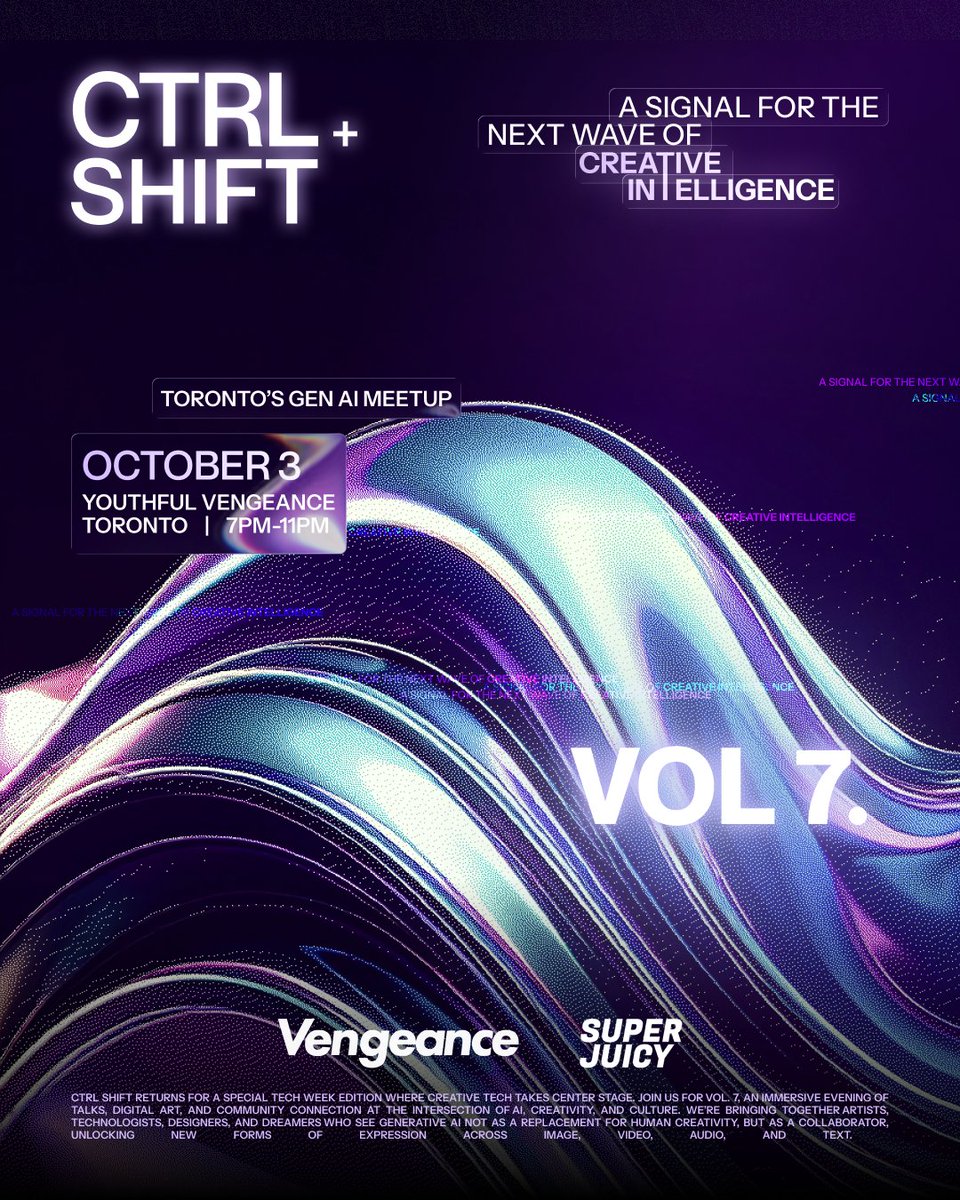 ctrlshift_ai's tweet image. CTRL+SHIFT is back in Toronto for Vol. 7!

Calling artists, devs, designers, builders, and enthusiasts who see gen AI as raw potential for human creativity. 

- Talks on AI in film, music &amp;amp; more
- Meet your next collaborator/investor/best friend

👇Registration link in comments👇