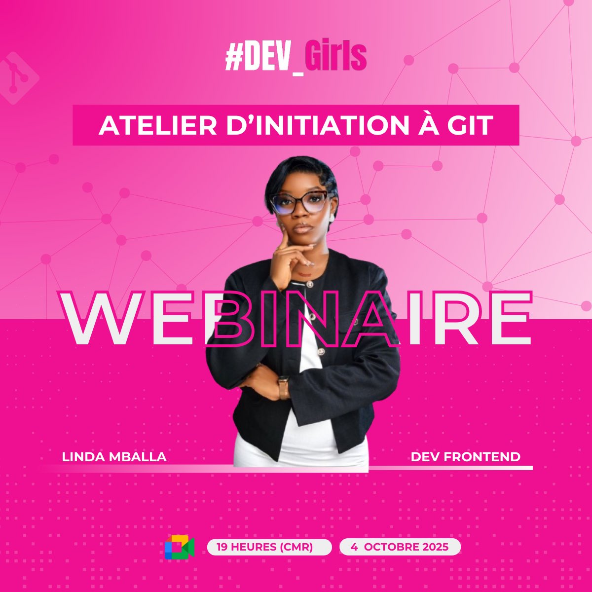 Tu as déjà entendu parler de Git mais tu ne sais pas vraiment par où commencer ? 
Rejoins-nous pour un atelier d’initiation pensé pour les débutants animé par <a href="/LMballa65141/">Linda MBALLA</a> .

📅 Samedi 04 octobre
🕕 19h (heure du Cameroun)
📍 Sur Google Meet

lnkd.in/eSg_HE7q