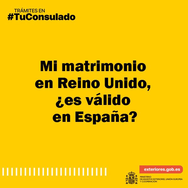 #FAQ 📃🖋️💍🇬🇧 Mi matrimonio en Reino Unido... 

🤔💭¿Es válido en España? ¿Qué documentación debo presentar? ¿Es un trámite gratuito?

Toda la ℹ️ aquí: exteriores.gob.es/Consulados/lon…

📌 Guarda este post por si te fuera de utilidad.

📨 cog.londres.rgc@maec.es