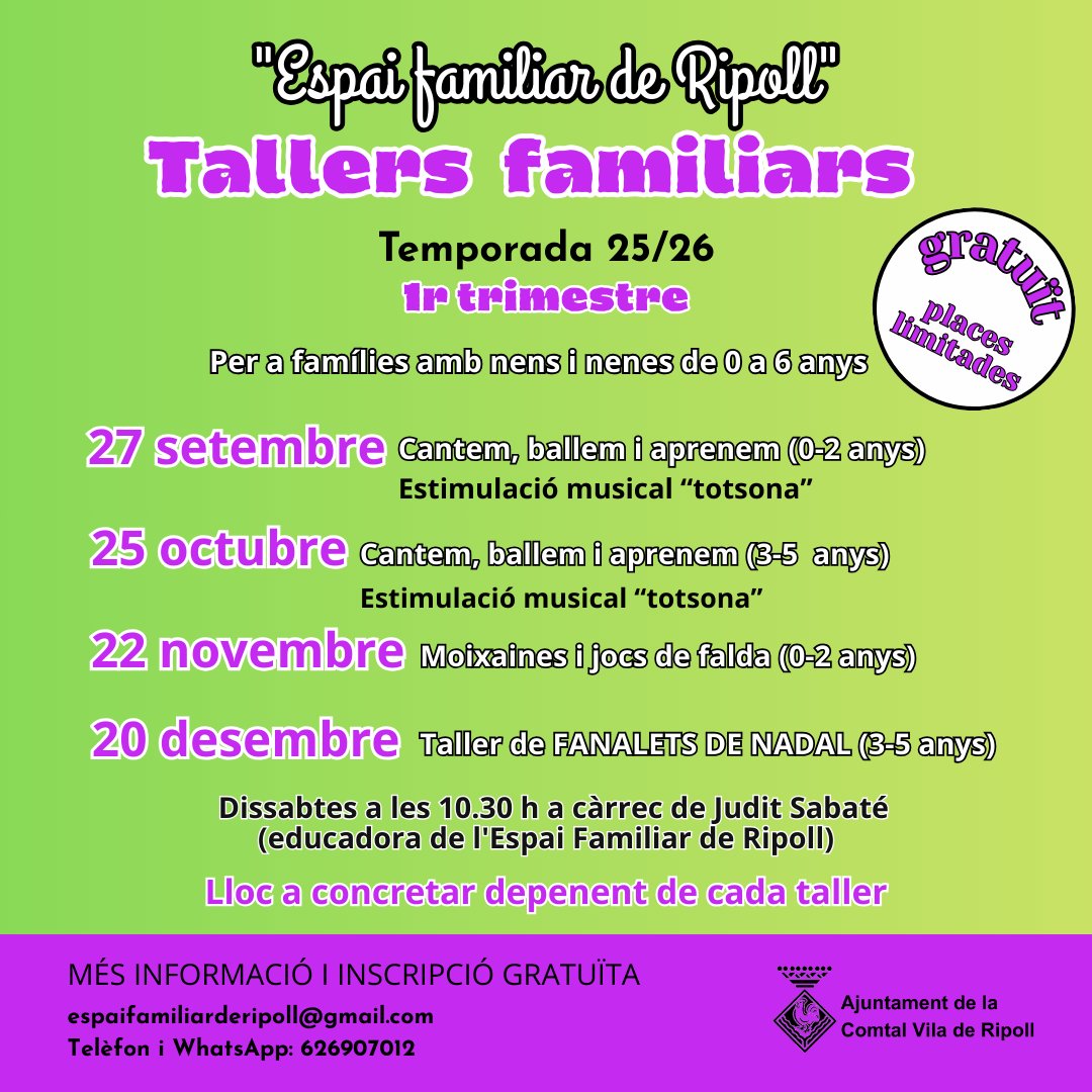 Aj_Ripoll's tweet photo. 🚸 Ja s'han programat els tallers de l'Espai Familiar municipal de #Ripoll per a aquest 1r trimestre.

👉 Per a famílies amb infants de 0 a 6 anys.

ℹ️ Més informació al correu espaifamiliarderipoll@gmail.com
 o al telèfon i WhatsApp: 626 90 70 12. https://t.co/X2OdDMKyYB