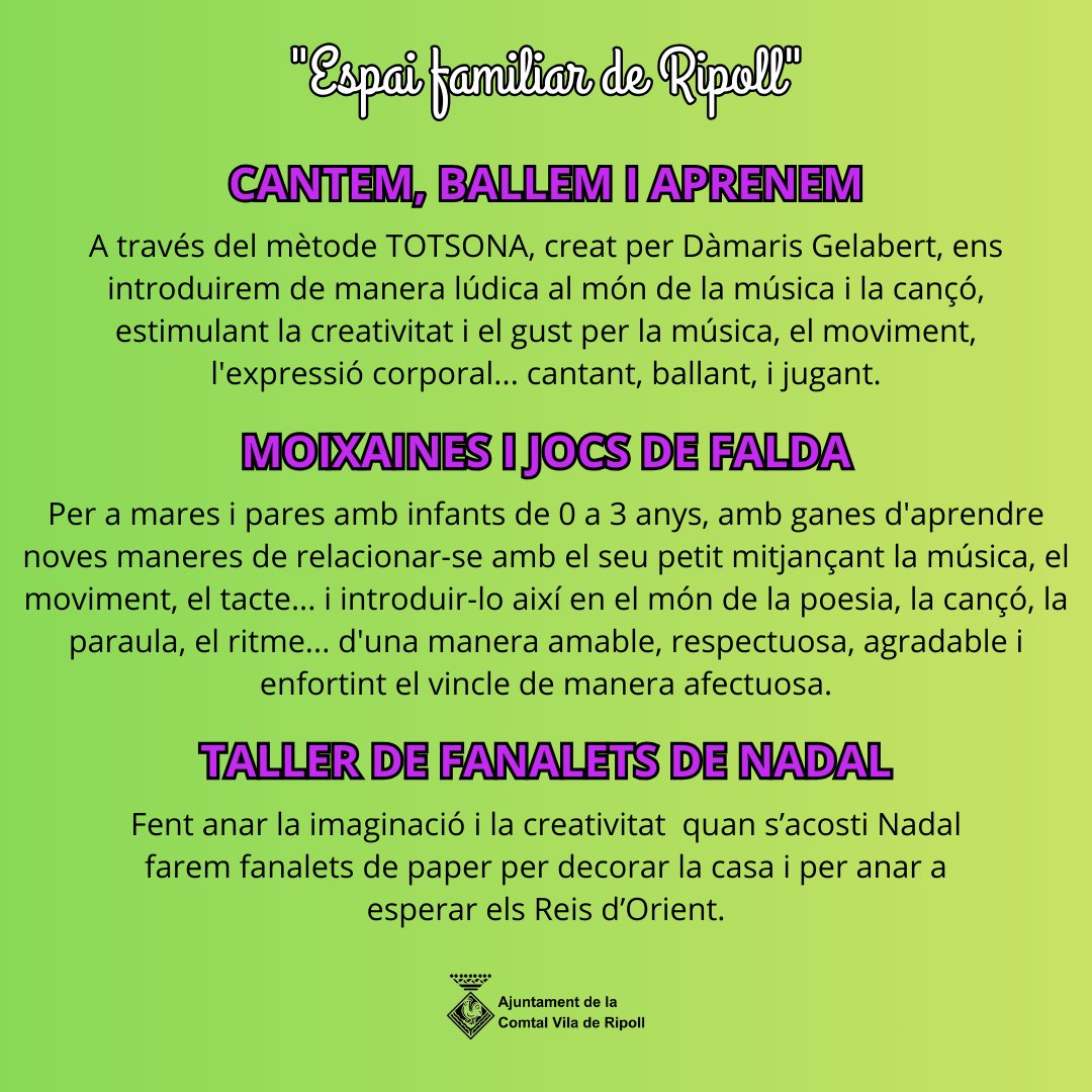 🚸 Ja s'han programat els tallers de l'Espai Familiar municipal de #Ripoll per a aquest 1r trimestre.

👉 Per a famílies amb infants de 0 a 6 anys.

ℹ️ Més informació al correu espaifamiliarderipoll@gmail.com
 o al telèfon i WhatsApp: 626 90 70 12.