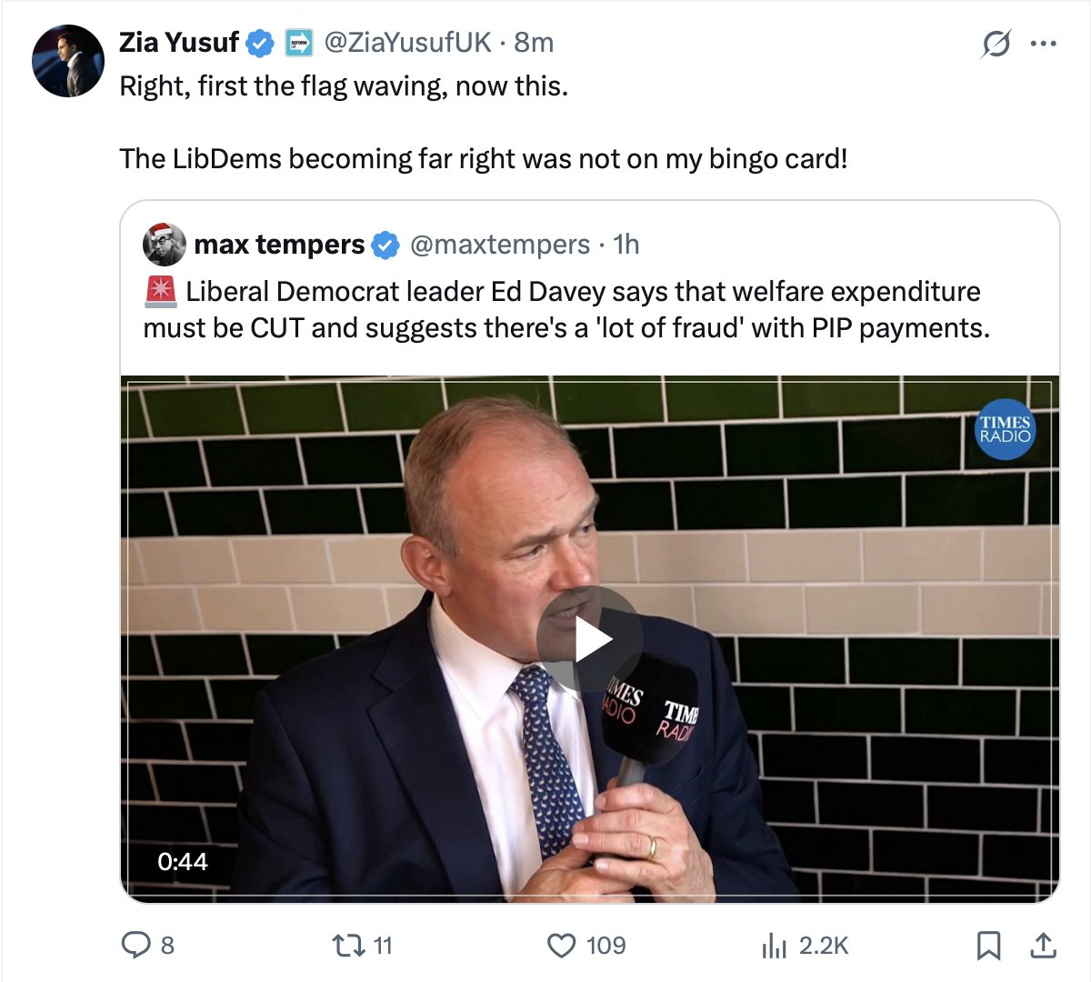 I see <a href="/darrengrimes_/">Darren Grimes</a> and <a href="/ZiaYusufUK/">Zia Yusuf</a> have clearly been on the Reform WhatsApp group today.

Farage: Quick lads post about the Lib Dems being far-right.

Yusuf: Yes boss!

Grimes: Ok Daddy!

#ReformUK