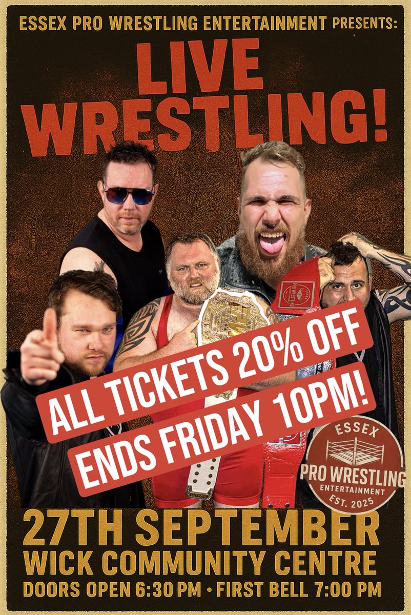 🚨 FLASH SALE 🚨
20% OFF all #EPWE tickets from NOW until Friday 10PM! 🎟🔥

After that, tickets only available on the door at full price. Don’t miss your chance to save &amp; secure your seat!

Grab yours now before it’s too late: eventbrite.co.uk/e/epwe-present… 

#Wrestling #Essex