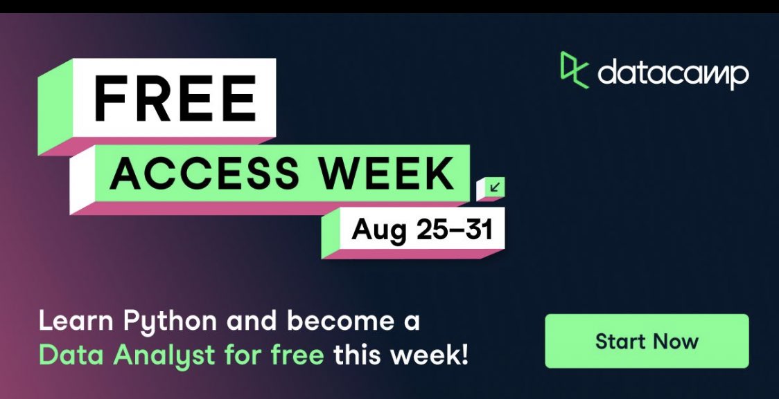 driwale_ivan's tweet image. Another  #FREEACCESSWEEK with datacamp for data analysts
From Aug 25-31!