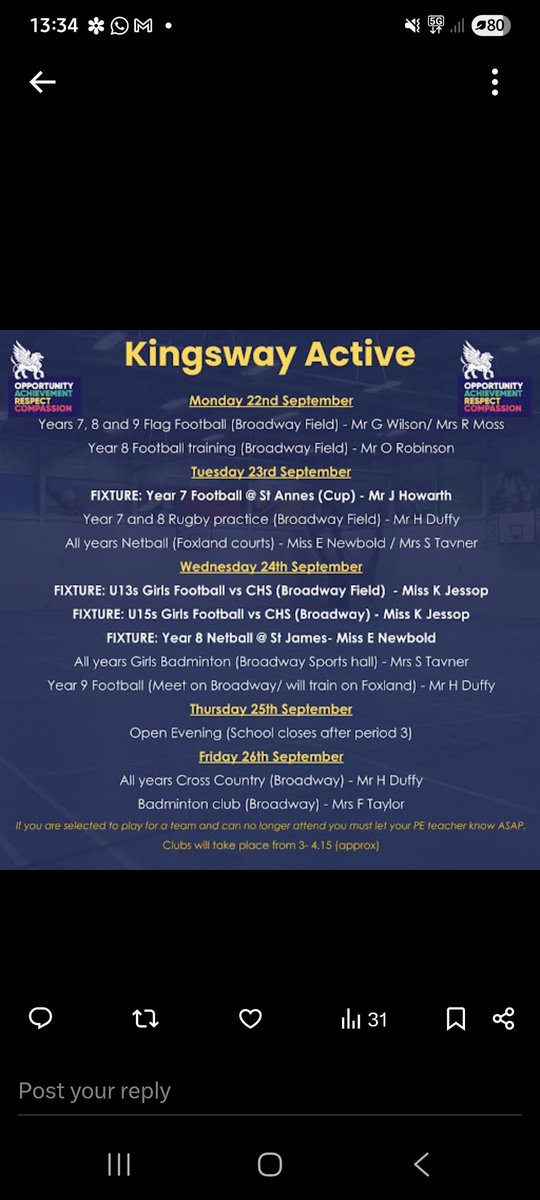⚽ 🏐 | Kingsway Active: This week we start our school fixtures.
Good luck to everyone representing Team <a href="/KingswayPE/">PE Department</a>  in the Netball and Football teams! Do us proud!
If you are not selected for the first round of games, keep going to practice as teams may change from game to game