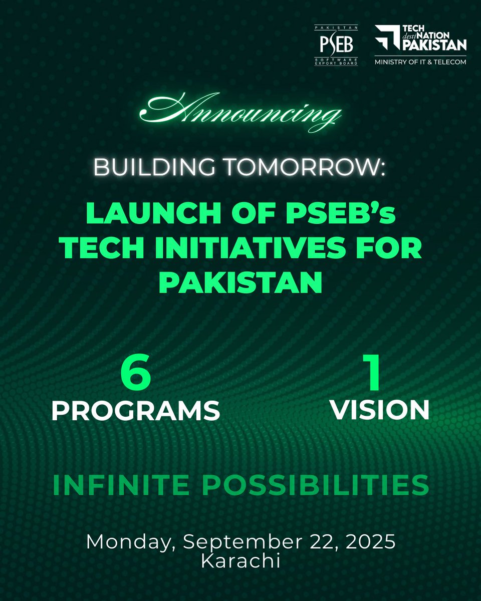 PSEB's tweet image. Building tomorrow is more than just a vision - it is happening right now.

PSEB is launching six major tech initiatives designed to empower Pakistan’s youth and open doors to global opportunities.
#skilltechpakistan #BuildingTomorrow #DigitalPakistan  #Skilltech #skilltechpk