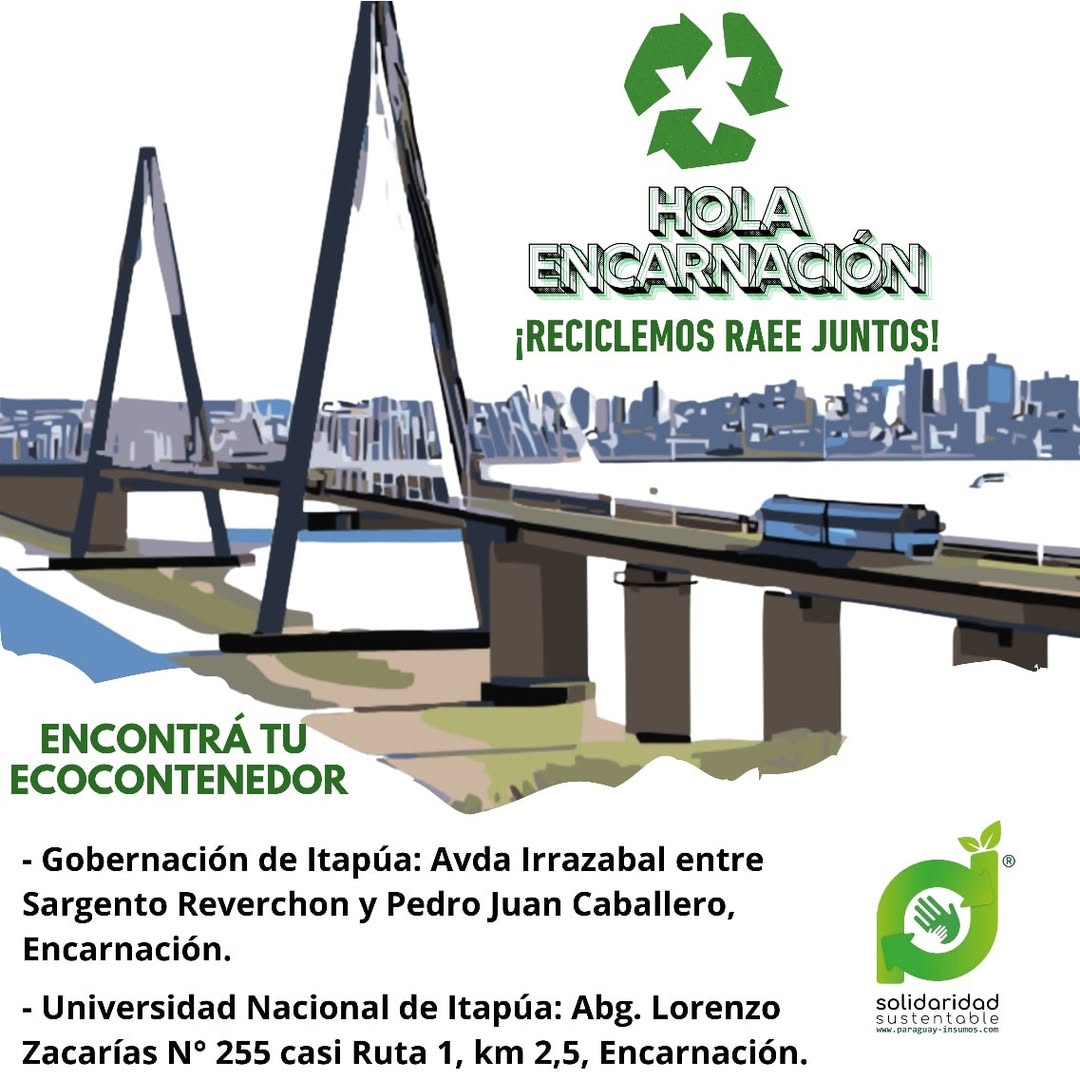 sosustentablepy's tweet image. 😉🖐️¡Hola Encarnación!  Encontrá nuestros EcoContenedores para gestión de reciclaje en la Gobernación de Itapúa y en la @uni.itapua. ♻️♻️
Ahora podés depositar tus residuos de aparatos eléctricos y electrónicos para un correcto descarte.
#MedioAmbiente #reciclaje #RAEE