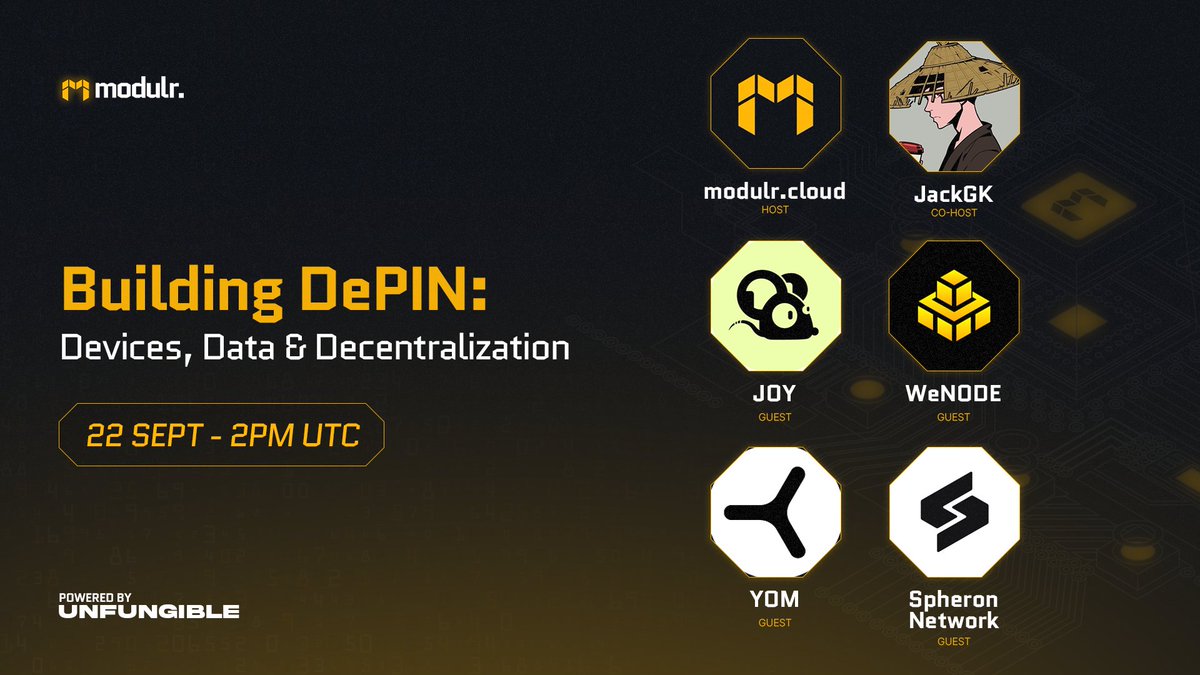 Happening soon: September 22nd at 2 PM UTC 🟨

Join us for Building DePIN: Devices, Data &amp; Decentralization.

We’ll dive into:

🟨 Devices as the foundation of DePIN, from sensors to drones to robotics.

🟨 Data, proof &amp; utility, how value is created and validated on-chain.

🟨