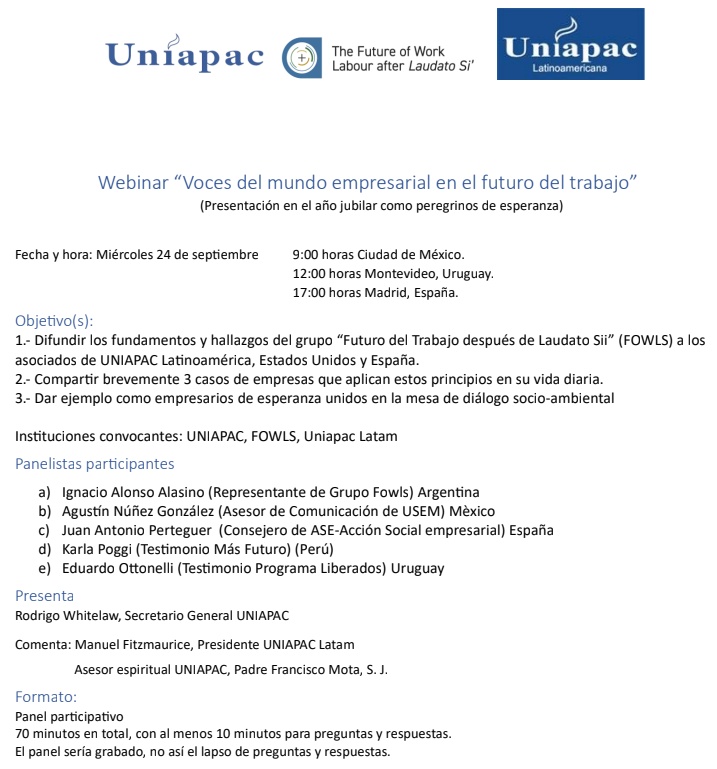 🌍 ¿Cómo prepararnos para el futuro del trabajo desde la visión empresarial?

Únete al webinar gratuito: “Voces del mundo empresarial en el futuro del trabajo”

🗓 24 de septiembre | 💻 Zoom
👉 Regístrate: uniapacwebinars.com

#Cuidadoestrabajo #FuturoDelTrabajo