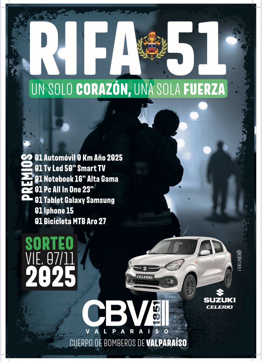 🎟️ No olvides que ya puedes comprar online tu boleto de nuestra #RifaAnual Un solo corazón, una sola fuerza. 
rifacbvalparaiso.chiledar.cl 

👩🏻‍🚒Si compras en la vía pública, los bomberos deben estar vestidos con ropa institucional. La venta de civil en la calle está prohibida.