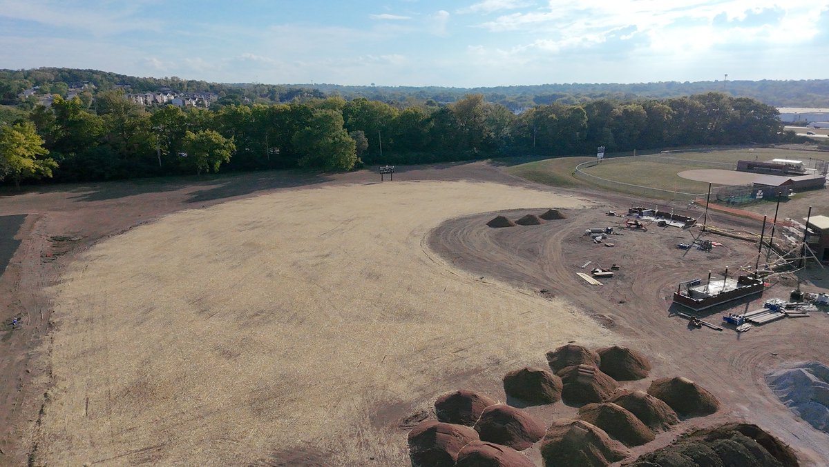 WCPiratesAD's tweet photo. Shout out to Coach Hill for the drone shots of the construction project. The new turf and track are looking great! The baseball field is looking amazing and will be ready to go for the spring season. If you look closely, you can see part of the 6 tennis courts in left field! https://t.co/S2tMgRtTc0