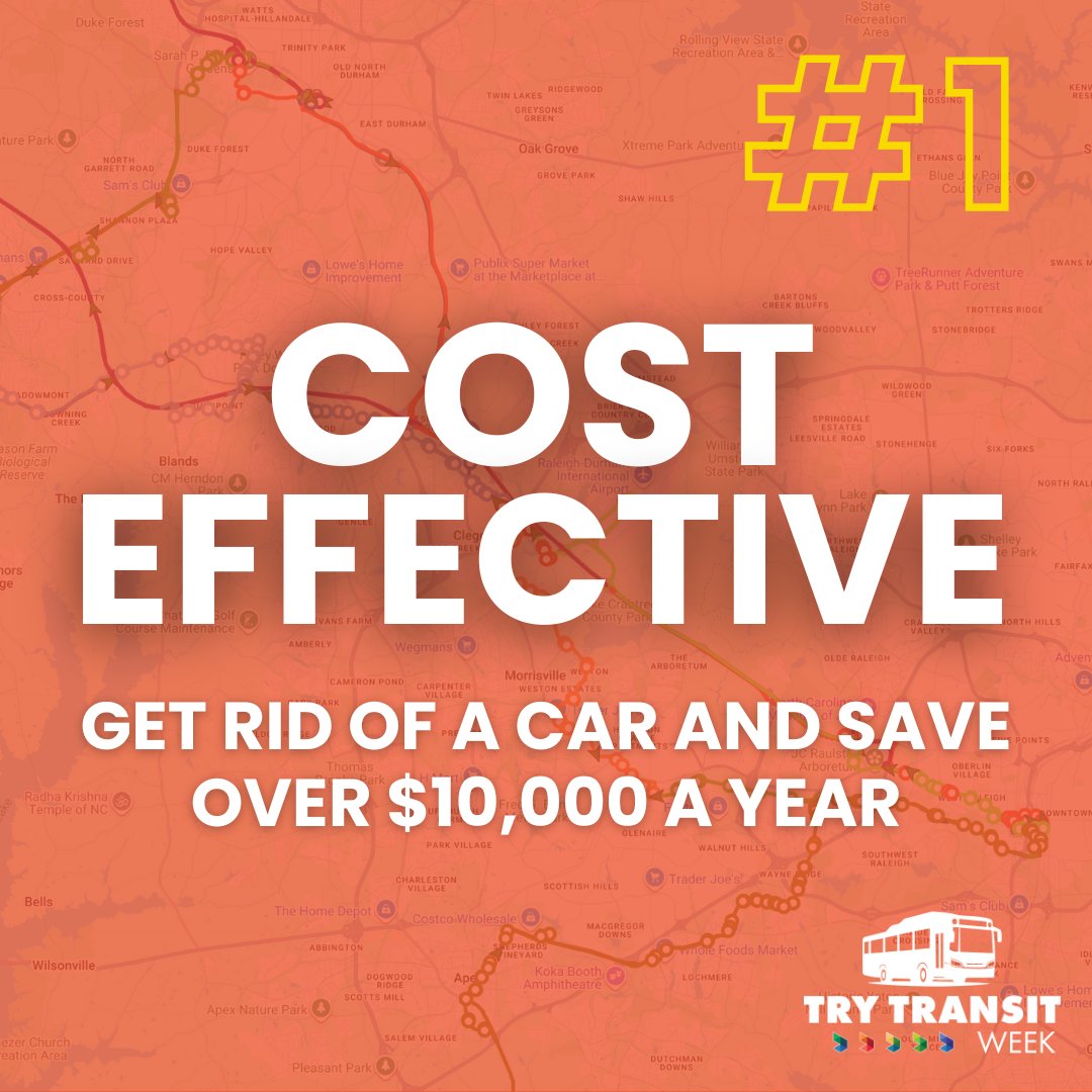 GoTriangle's tweet photo. ๐๐ Itโs Car Free Day!
๐ต Save $10k+/yr without a car (APTA)
๐ Less stress, no traffic
๐ฑ Lower your carbon footprint
๐ถ Get more daily steps
๐ค Connect with your community
Try transit today ๐ https://t.co/hph8IWjugE
#CarFreeDay #TryTransitWeek #GoTransit https://t.co/lUHGhgzYJe