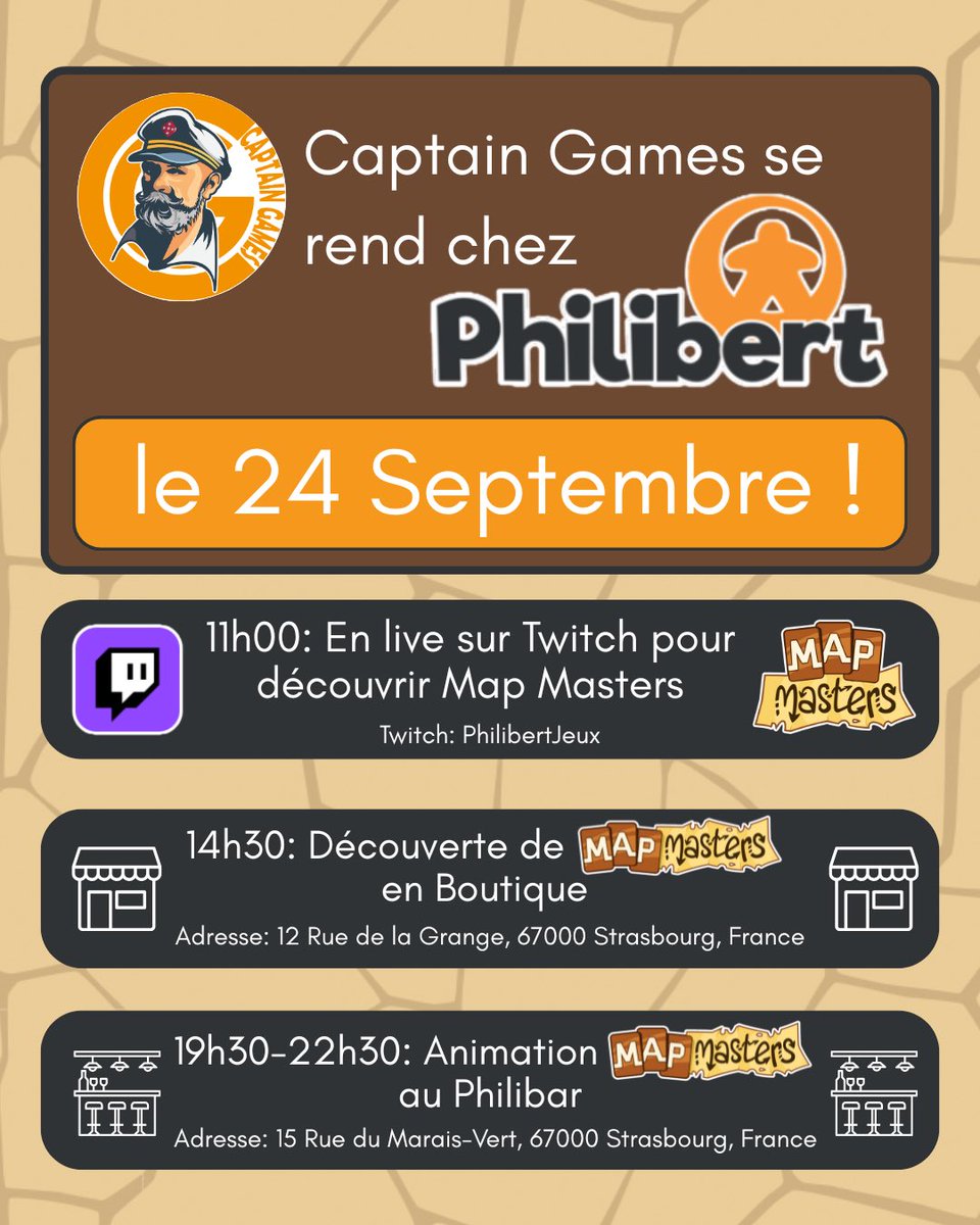 😱 Captain Games chez <a href="/Philibertjeux/">Philibert Jeux</a> et au Philibar c’est mercredi (24/09). 😱

Vous pouvez nous voir en live sur <a href="/TwitchFR/">Twitch FR</a> si vous êtes loin mais si vous êtes à côté venez découvrir Map Masters soit en boutique soit au bar. 🍻👜

#philibert #jeux #jds #jds #j2s #mapmasters