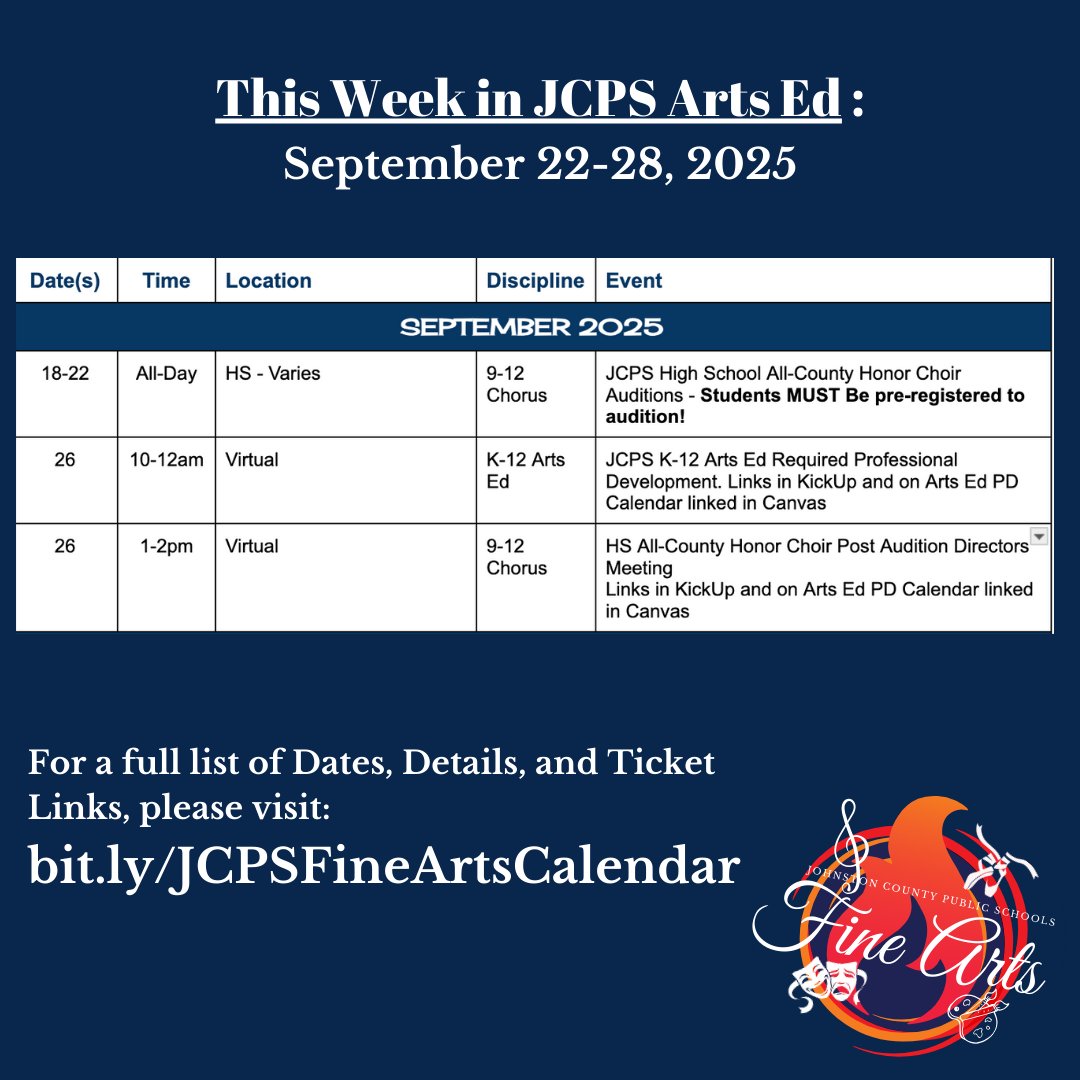 JCPSFineArts's tweet image. High School All-County Honor Choir submissions close TONIGHT! This is a hard deadline! 

Arts Ed PD this Friday!

Having a Fall Concert or Performance? Make sure we have your dates to share! 

Have a great week!
@JCPS_NC