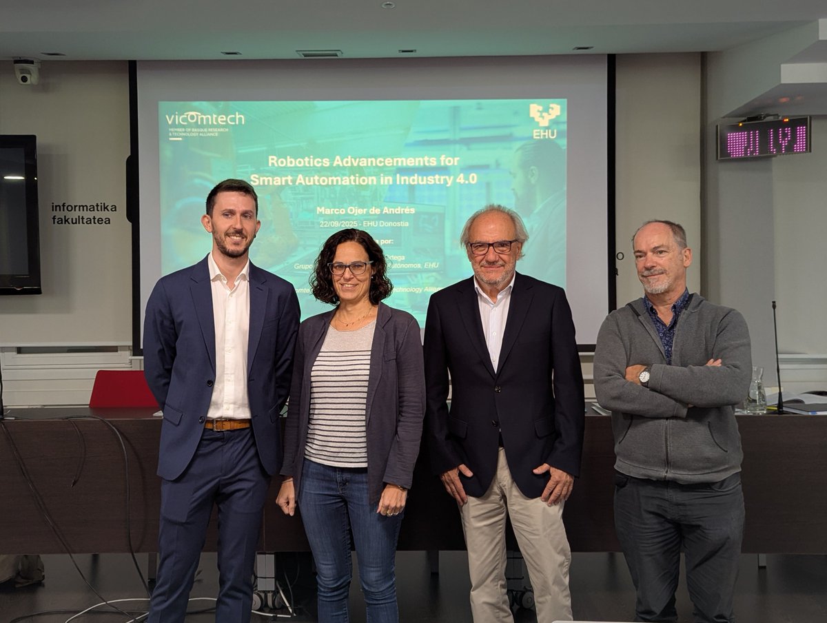 Vicomtech's tweet photo. 𝗠𝗮𝗿𝗰𝗼 𝗢𝗷𝗲𝗿 𝗱𝗲 𝗔𝗻𝗱𝗿𝗲́𝘀, researcher of Industry and Advanced Manufacturing has successfully defended his #DoctoralThesis "Robotics Advancements for Smart Automation in Industry 4.0"🎓
Congratulations! 👏 https://t.co/8oAs04oStU